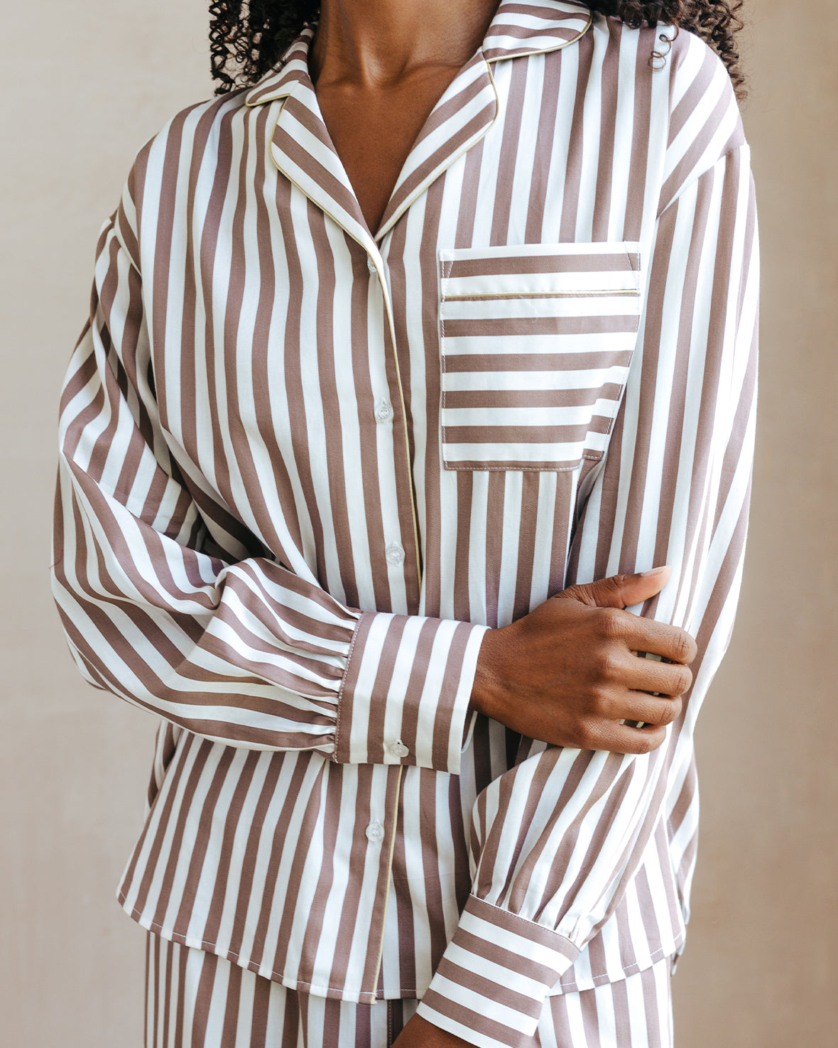 Organic Cotton Sateen Stripe Long Pyjama Set - Brown