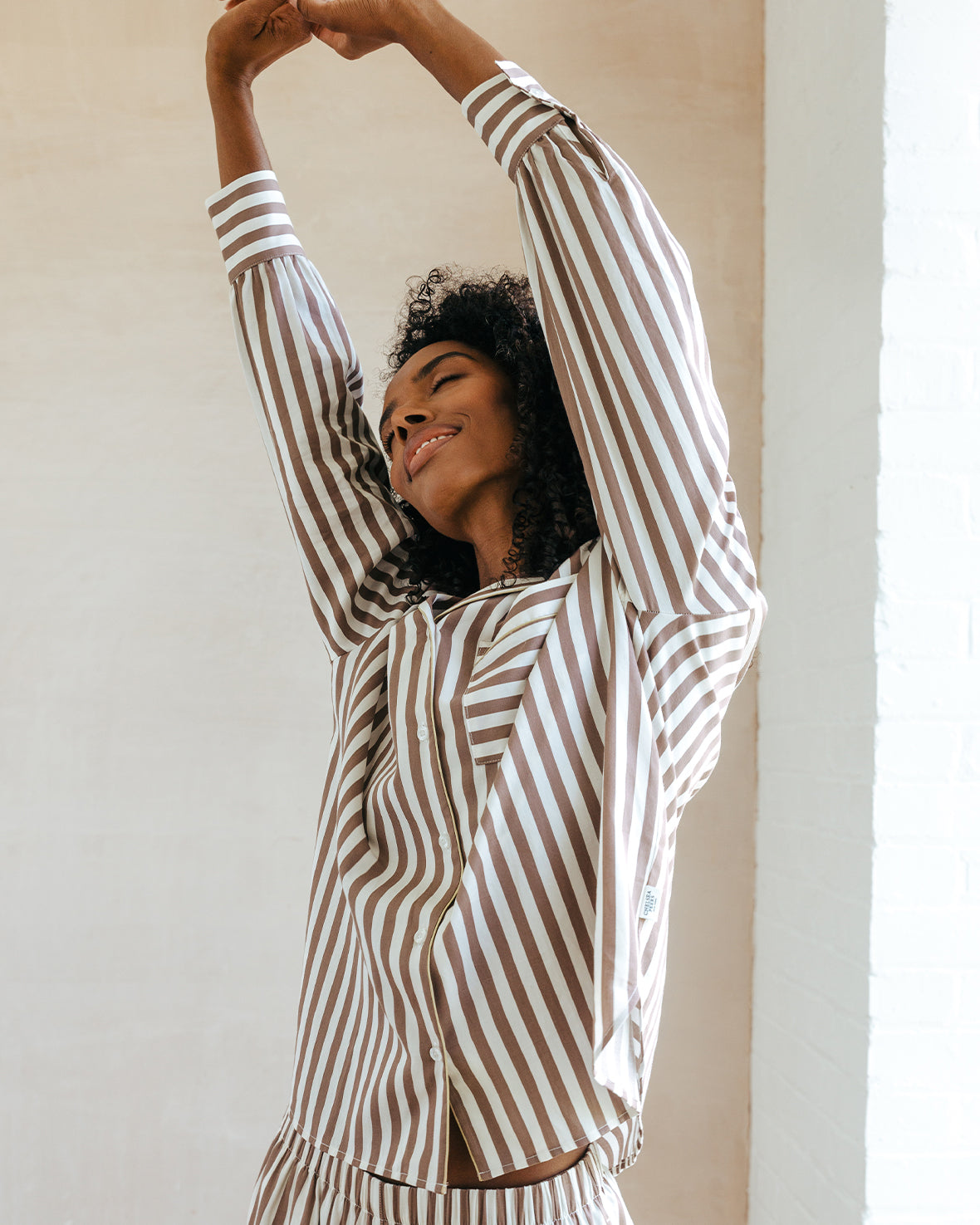 Organic Cotton Sateen Stripe Long Pyjama Set - Brown