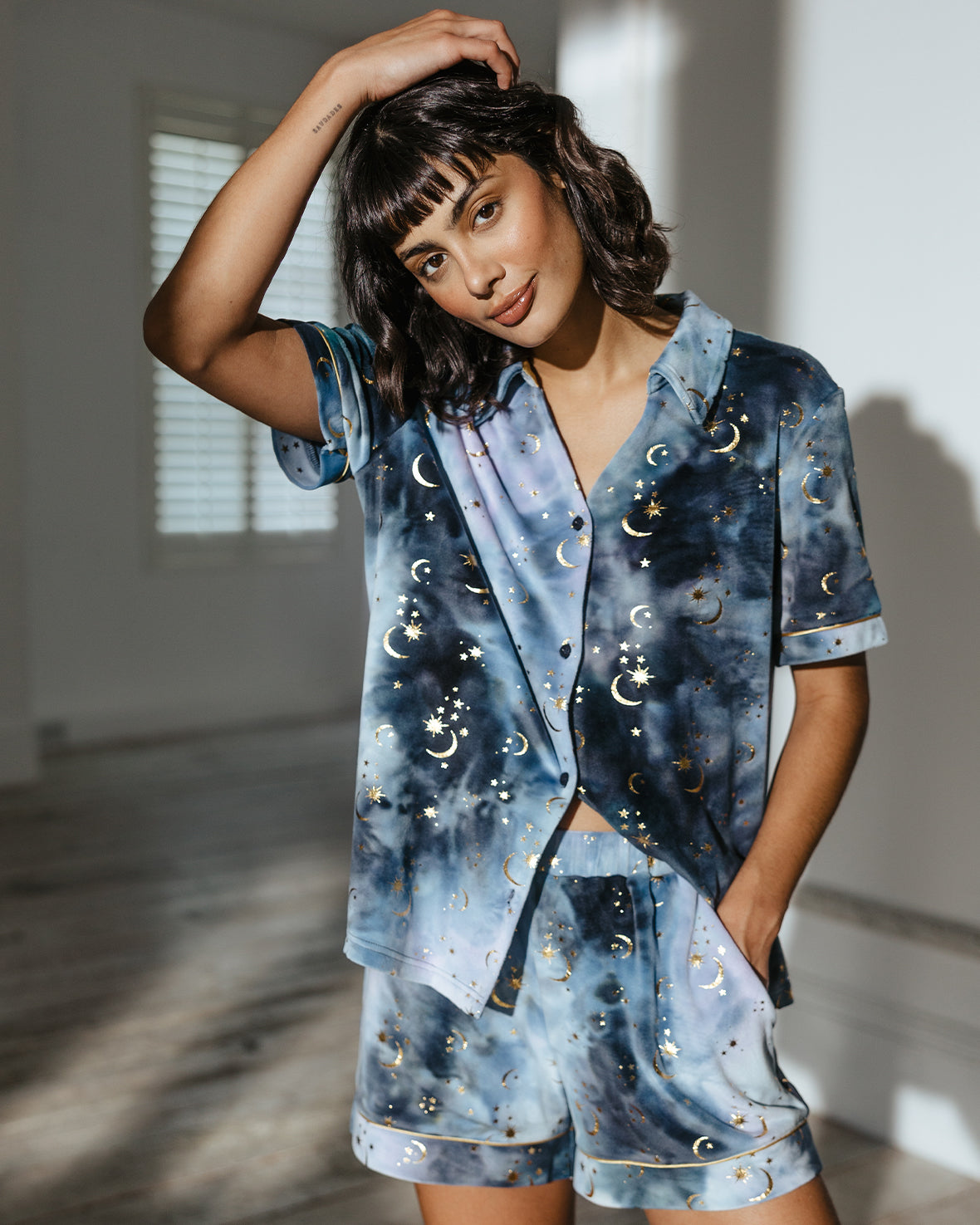 Tie Dye Velour Gold Foil Moons & Stars Short Pyjama Set