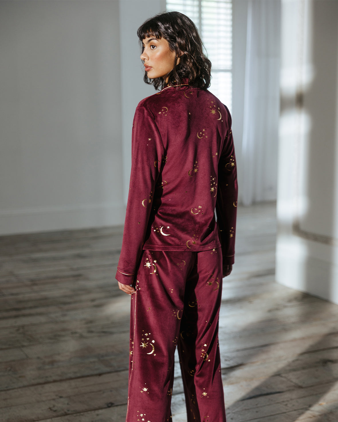 Velour Gold Foil Moons & Stars Long Pyjama Set