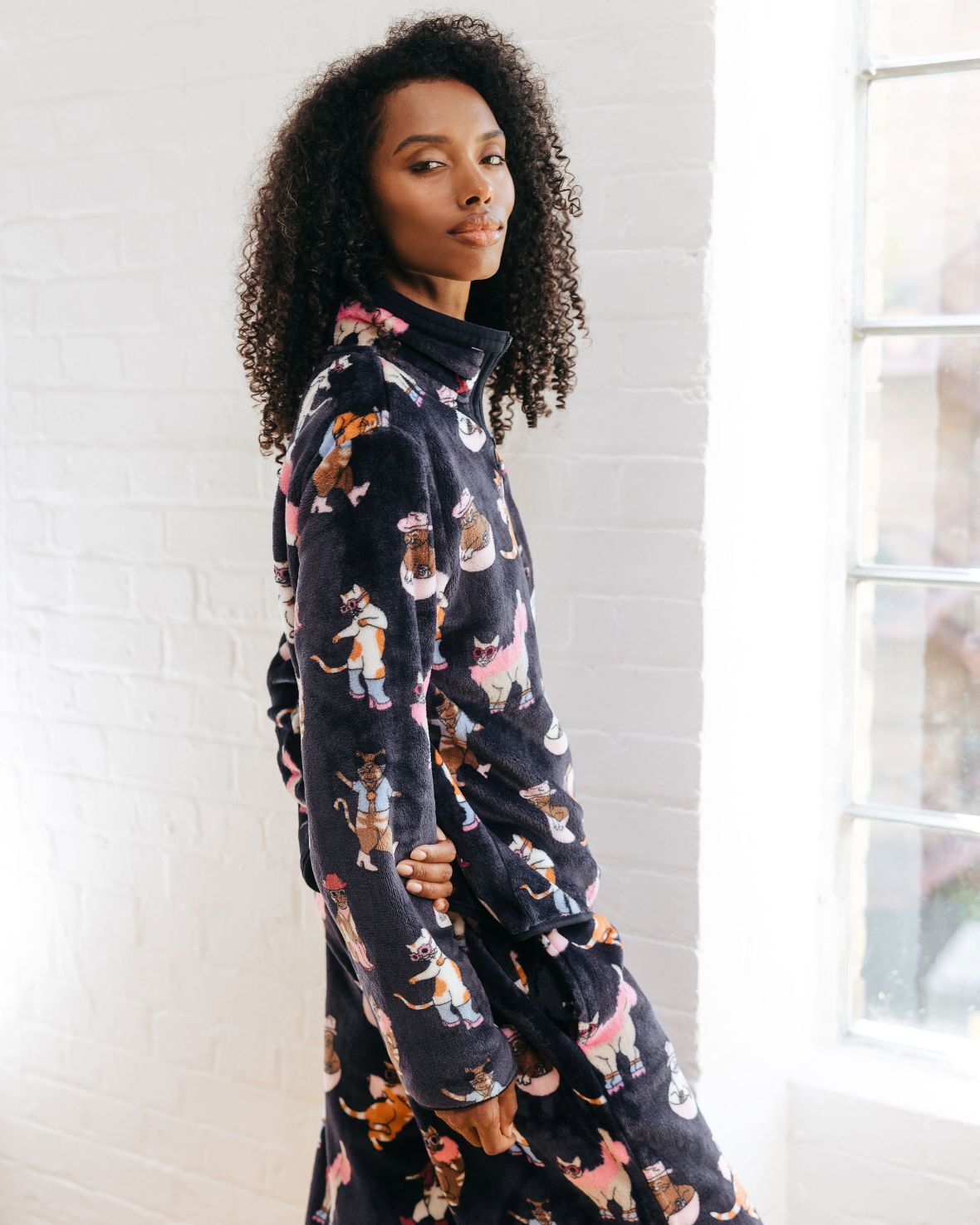 Fleece Disco Cats Print Sweatshirt & Jogger Co-ord