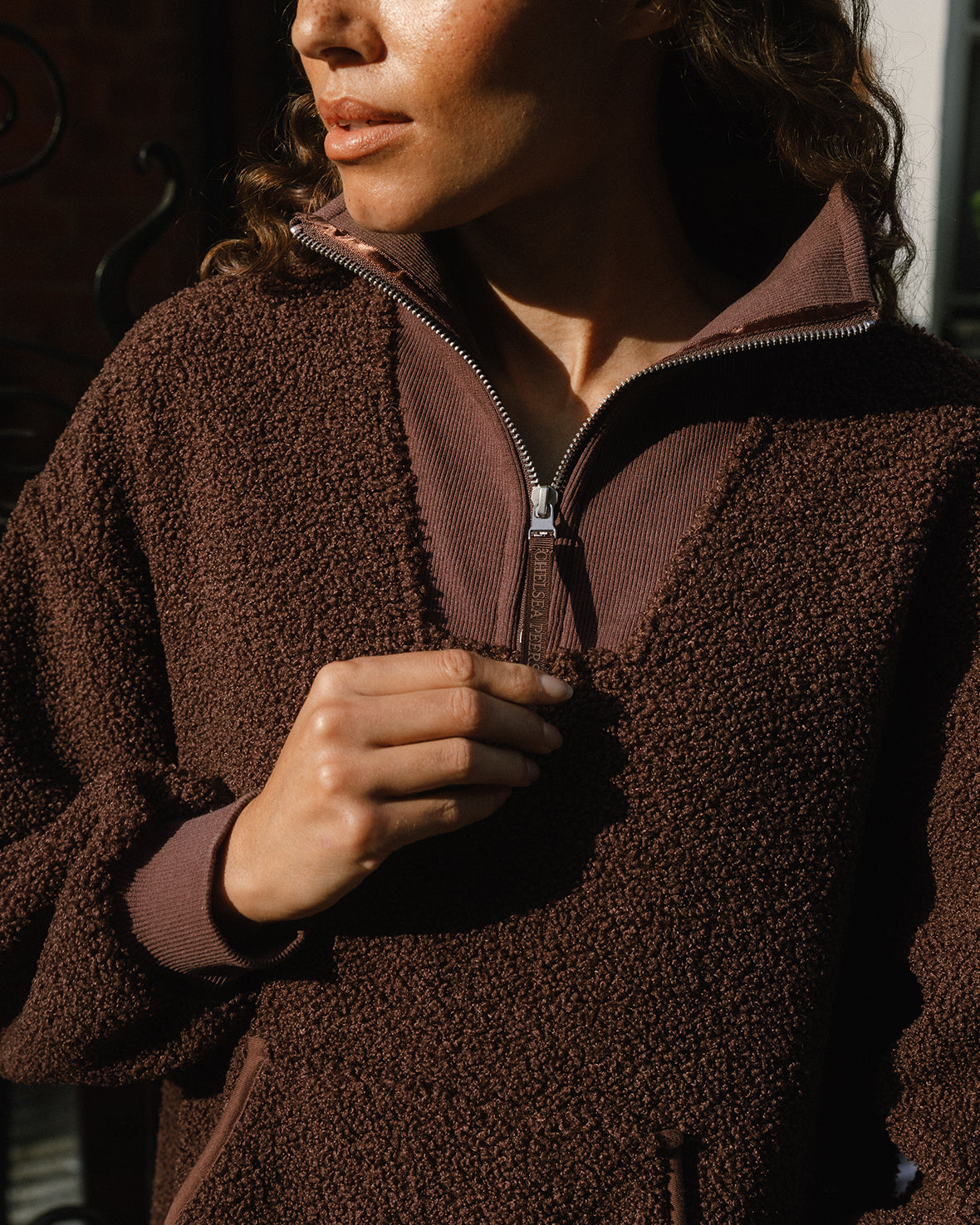 Borg Quarter Zip Funnel Sweatshirt - Brown