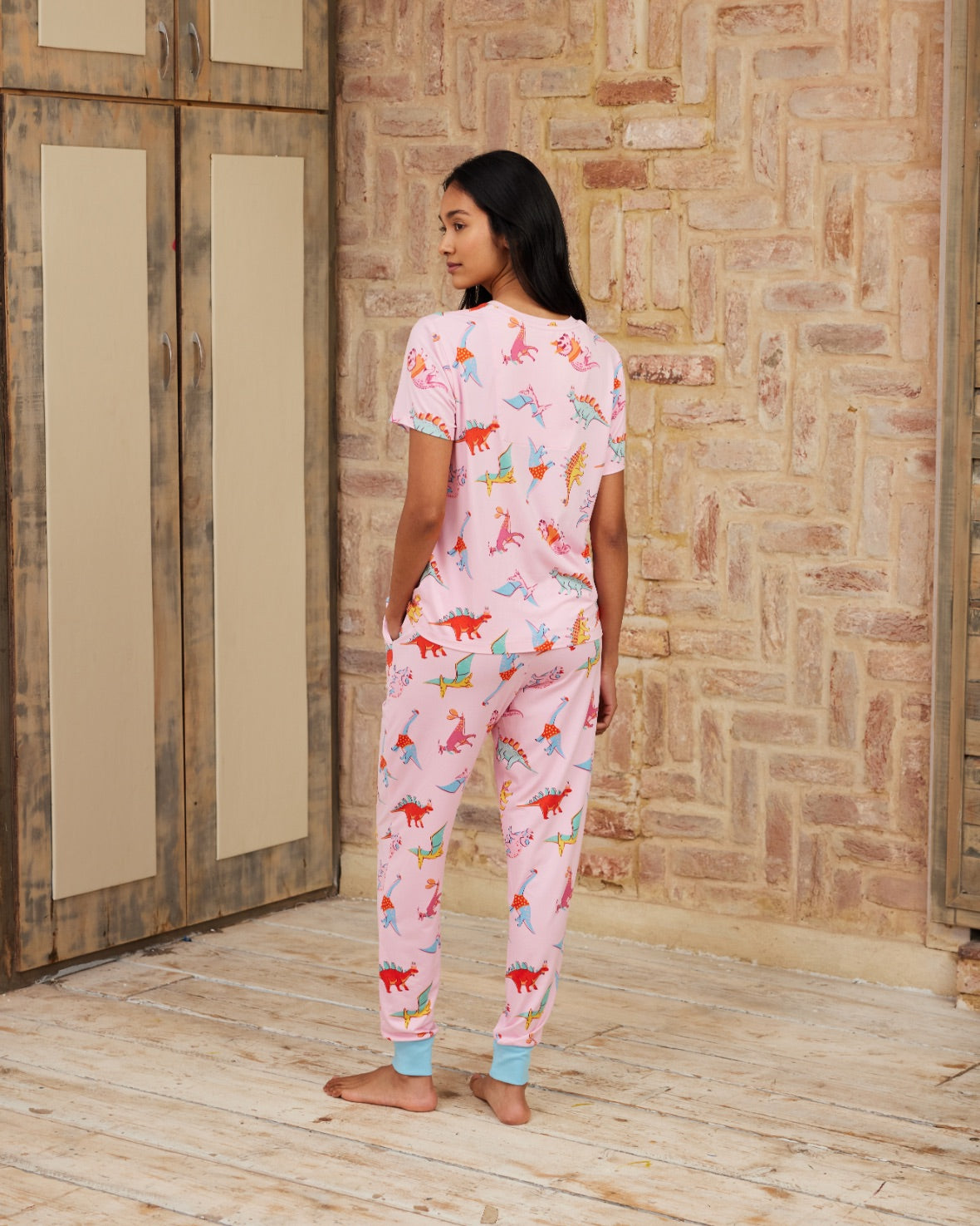 Dinosaur Print Long Pyjama Set - Pink