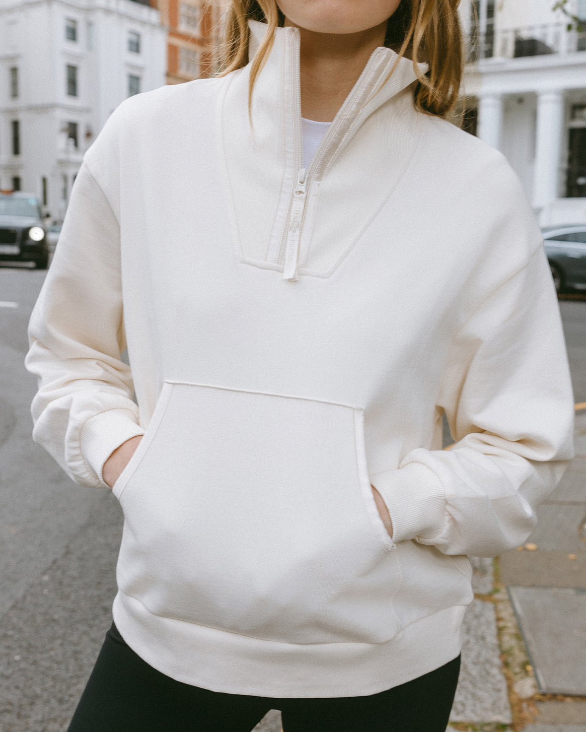 Organic Cotton Quarter Zip Funnel Sweatshirt - Cream