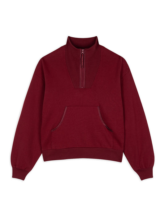 Organic Cotton Quarter Zip Funnel Sweatshirt - Burgundy