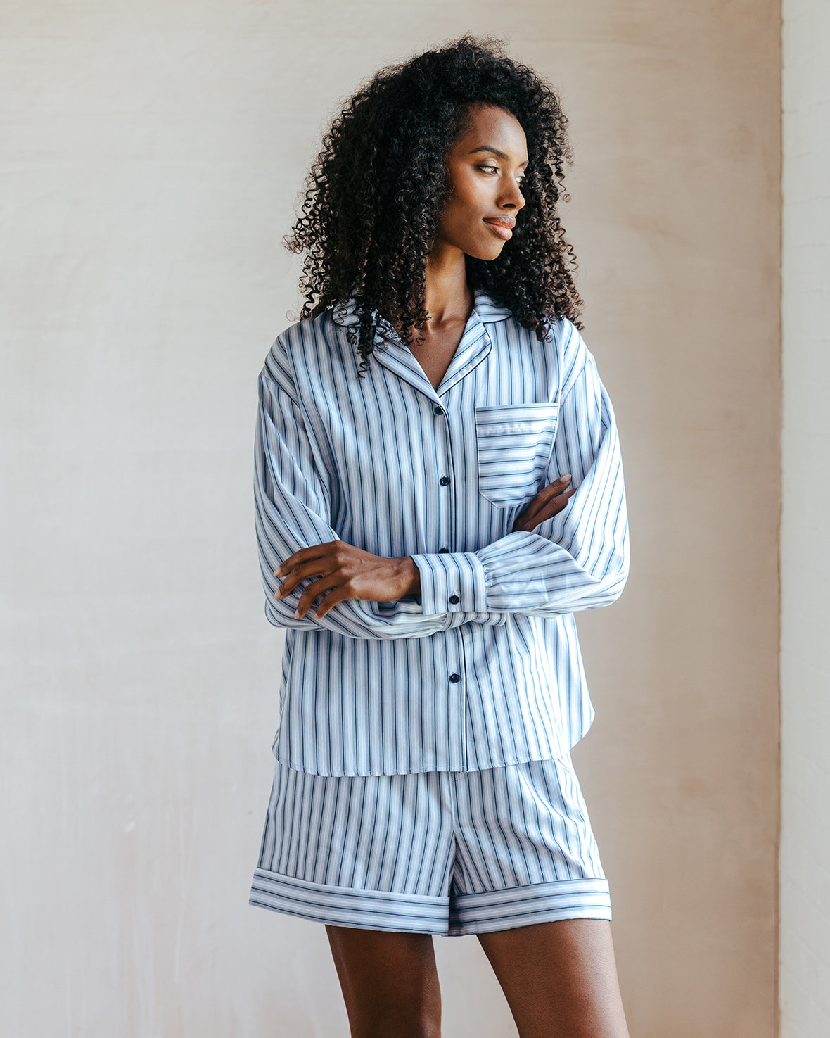 Organic Cotton Sateen Stripe Short Pyjama Set - Blue