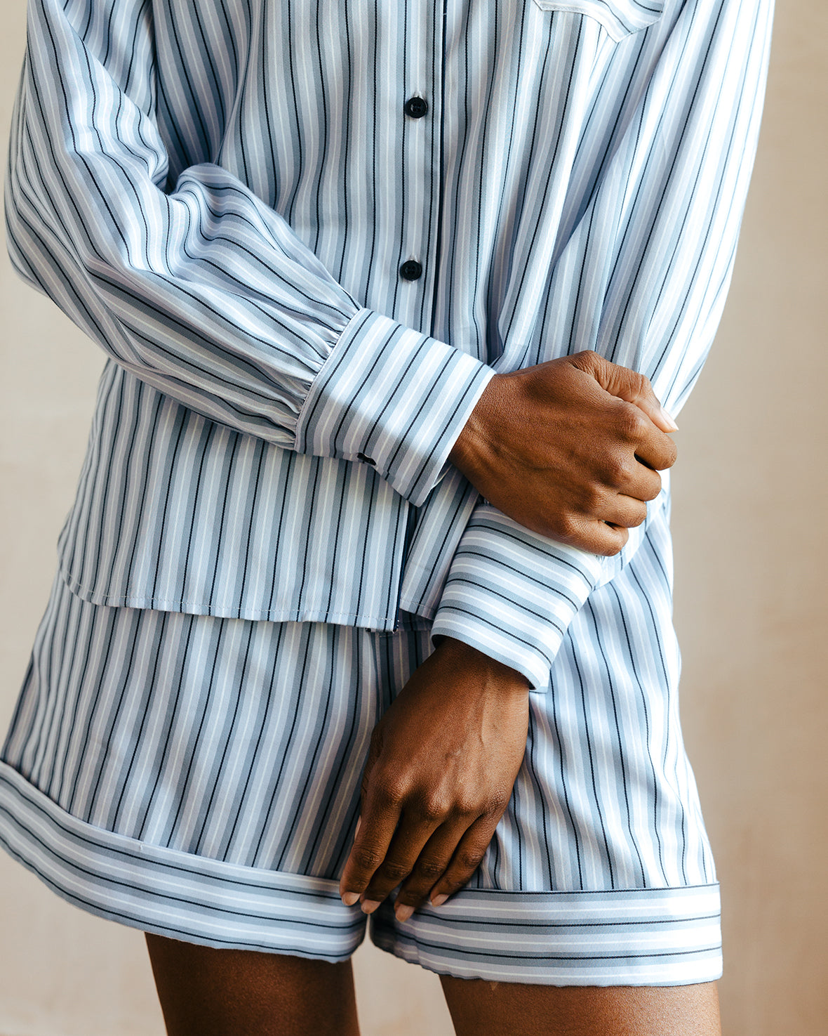 Organic Cotton Sateen Stripe Short Pyjama Set - Blue