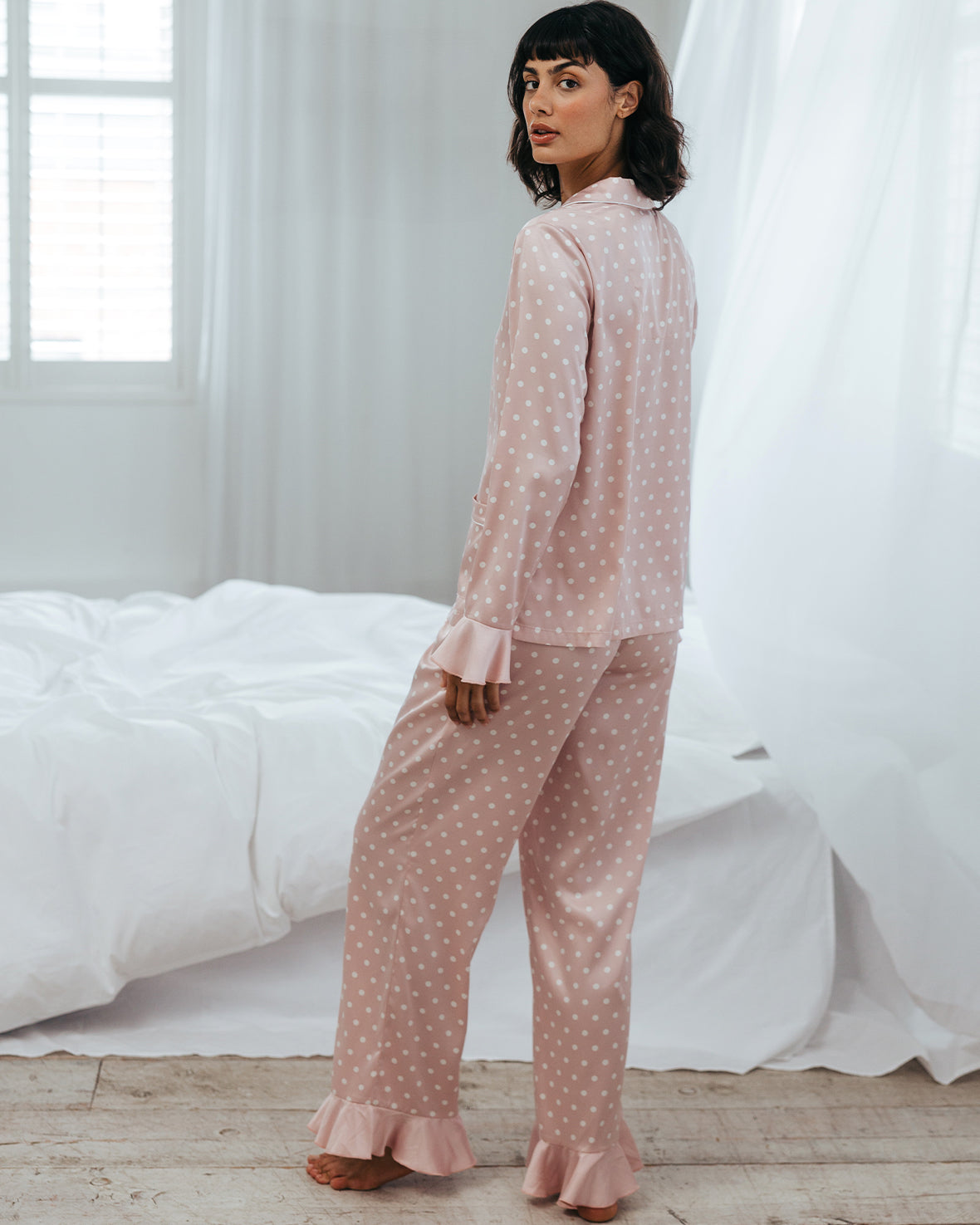 Satin Frill Polka Dot Long Pyjama Set - Pink