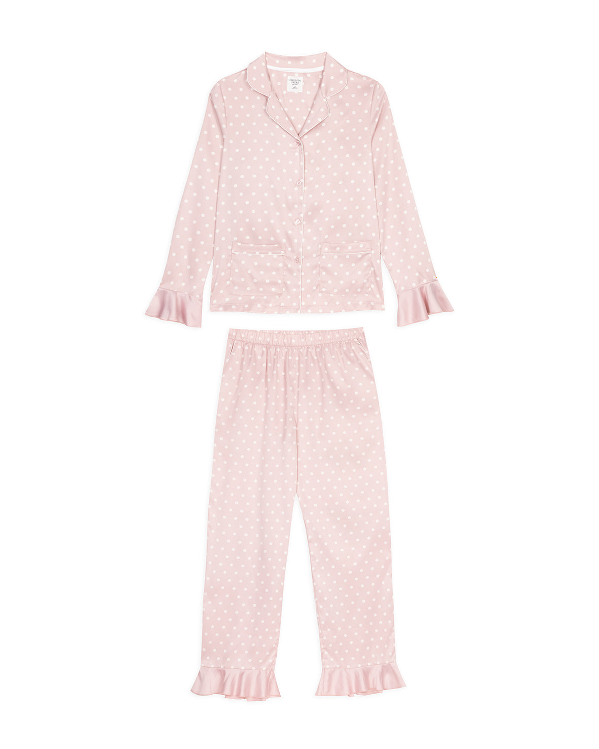 Satin Frill Polka Dot Long Pyjama Set - Pink