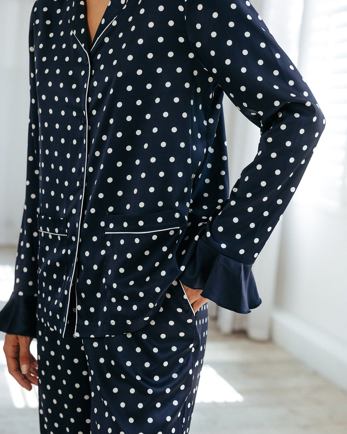 Satin Frill Polka Dot Long Pyjama Set - Navy