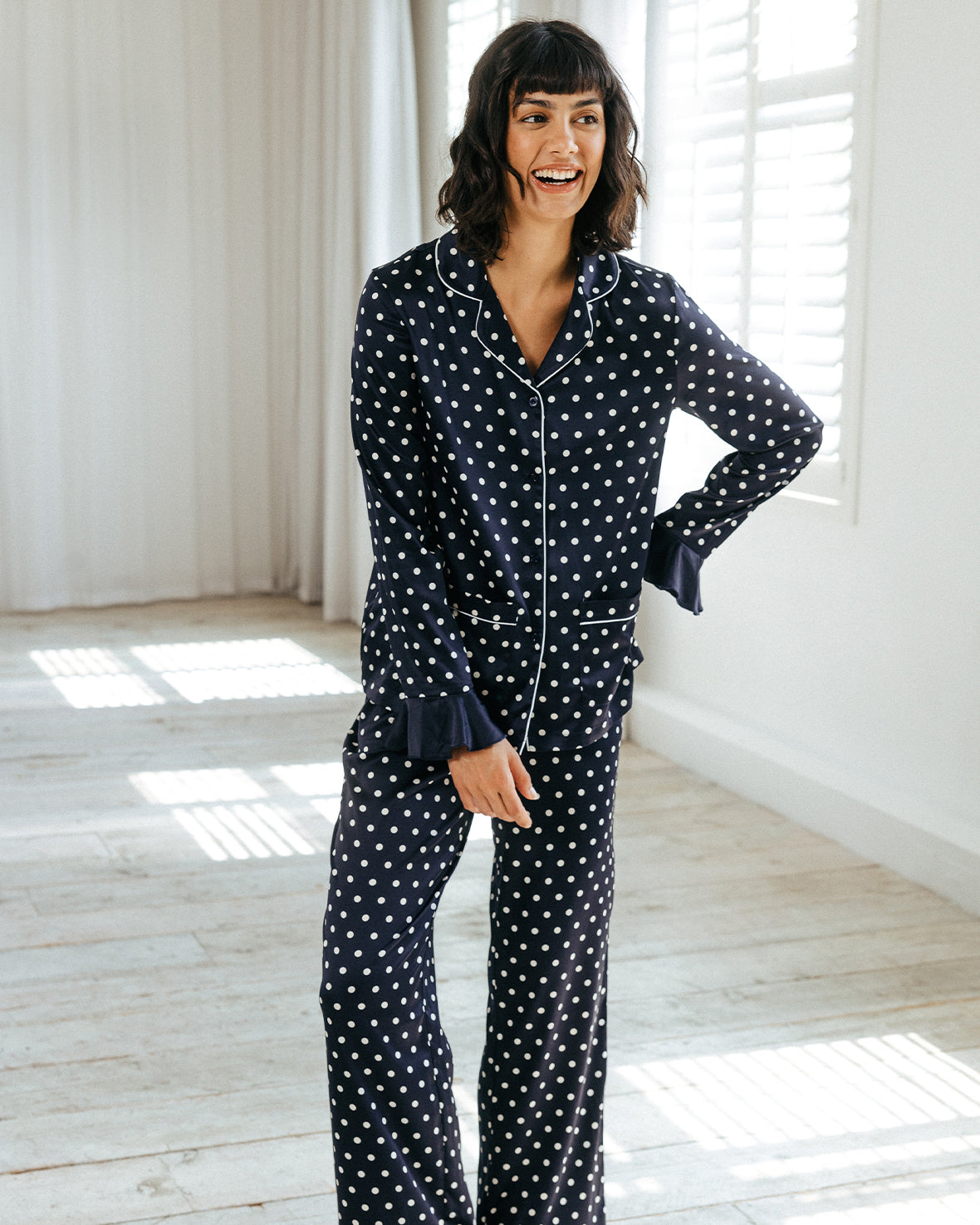 Satin Frill Polka Dot Long Pyjama Set - Navy