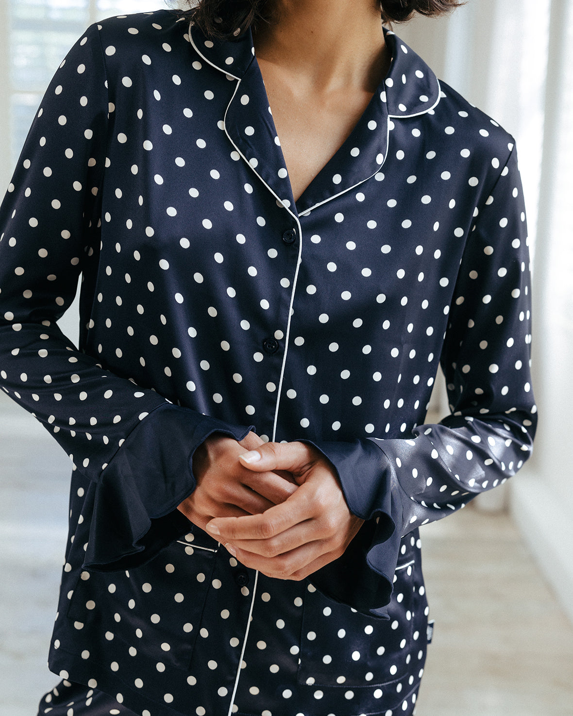 Satin Frill Polka Dot Long Pyjama Set Navy Chelsea Peers