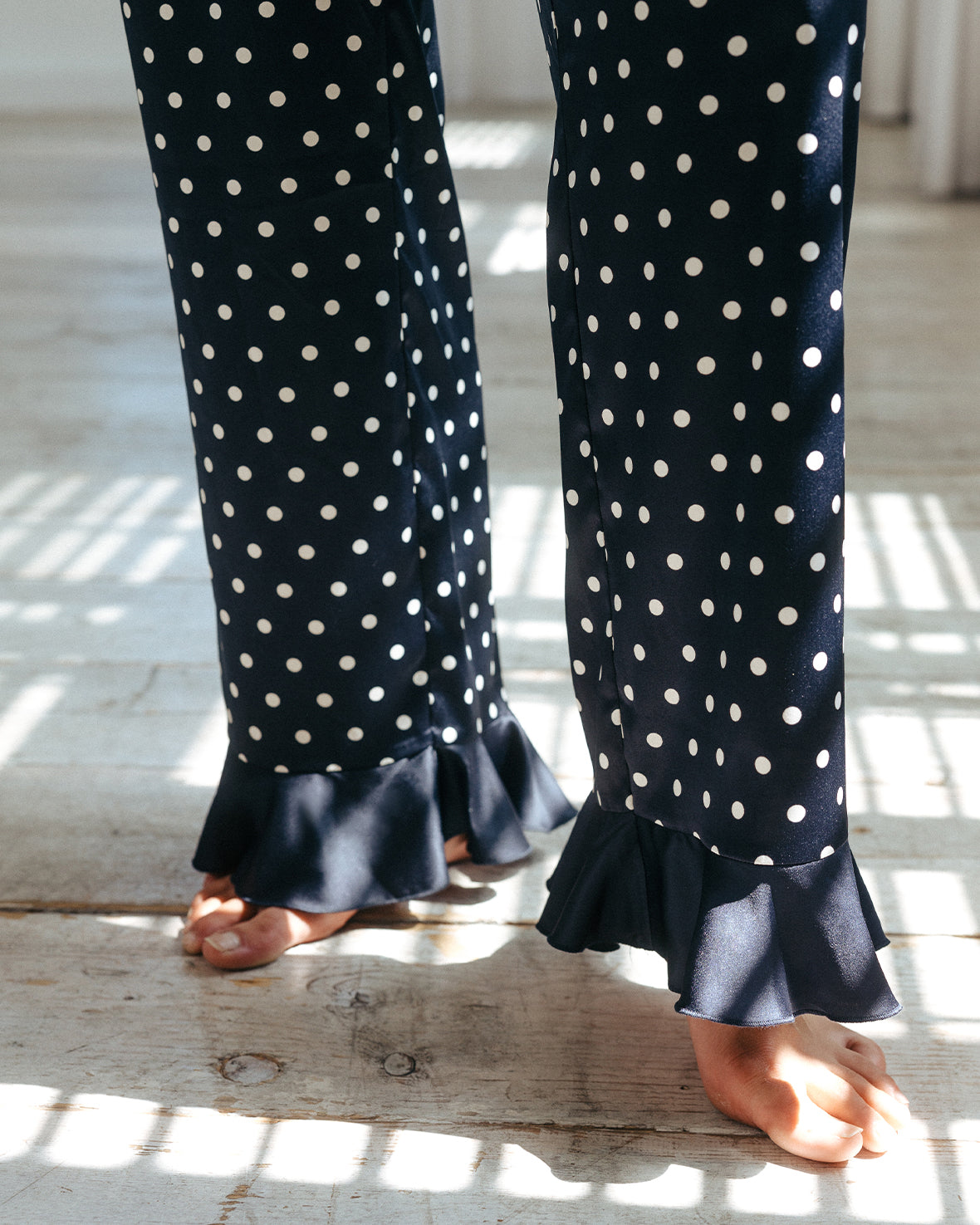 Satin Frill Polka Dot Long Pyjama Set - Navy