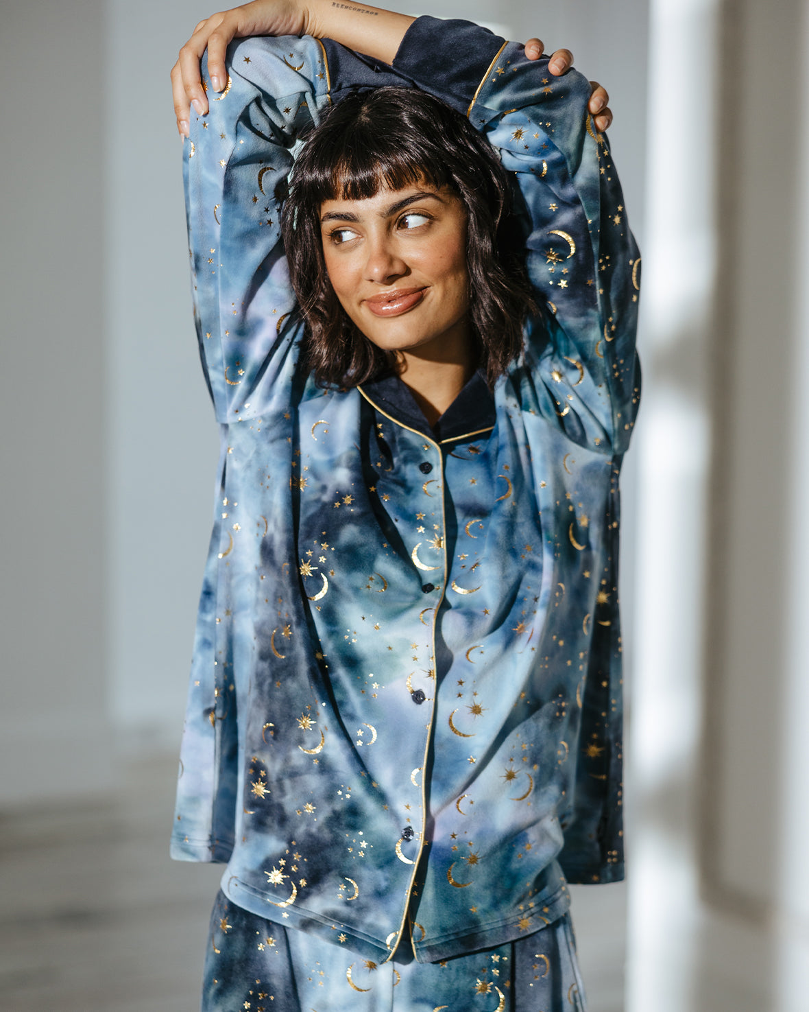 Tie Dye Velour Gold Foil Moons & Stars Long Pyjama Set