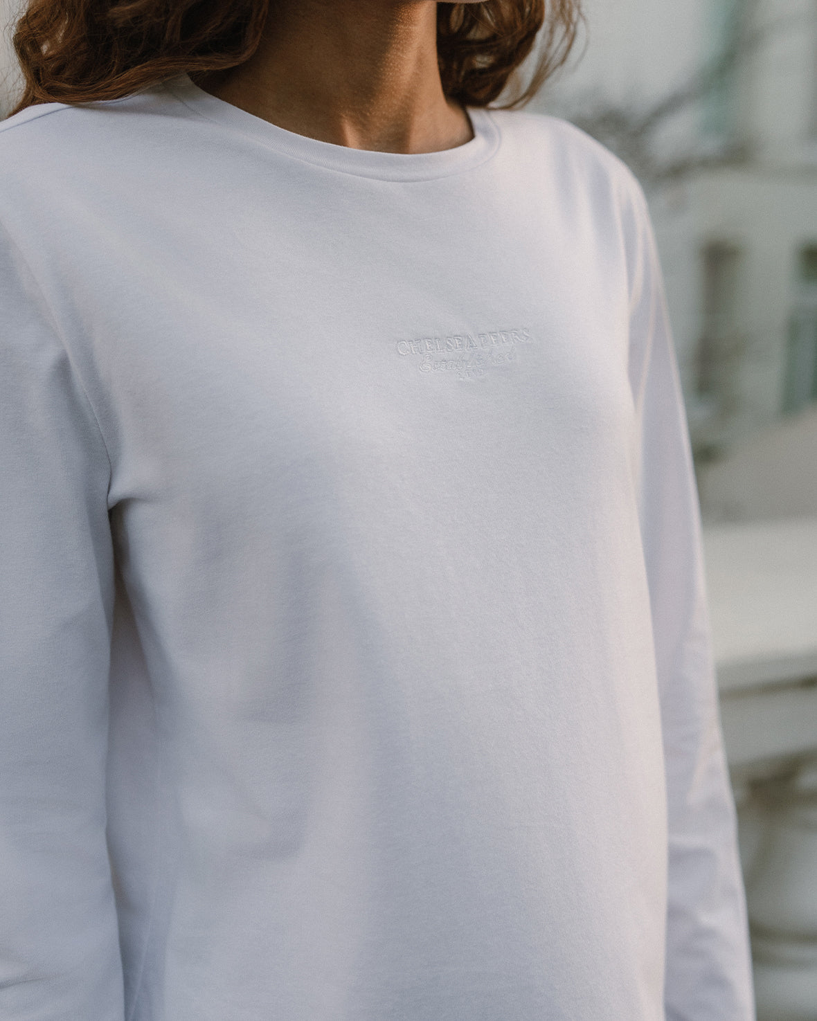 Organic Cotton Tonal Embroidered Logo Long Sleeve T-Shirt - White