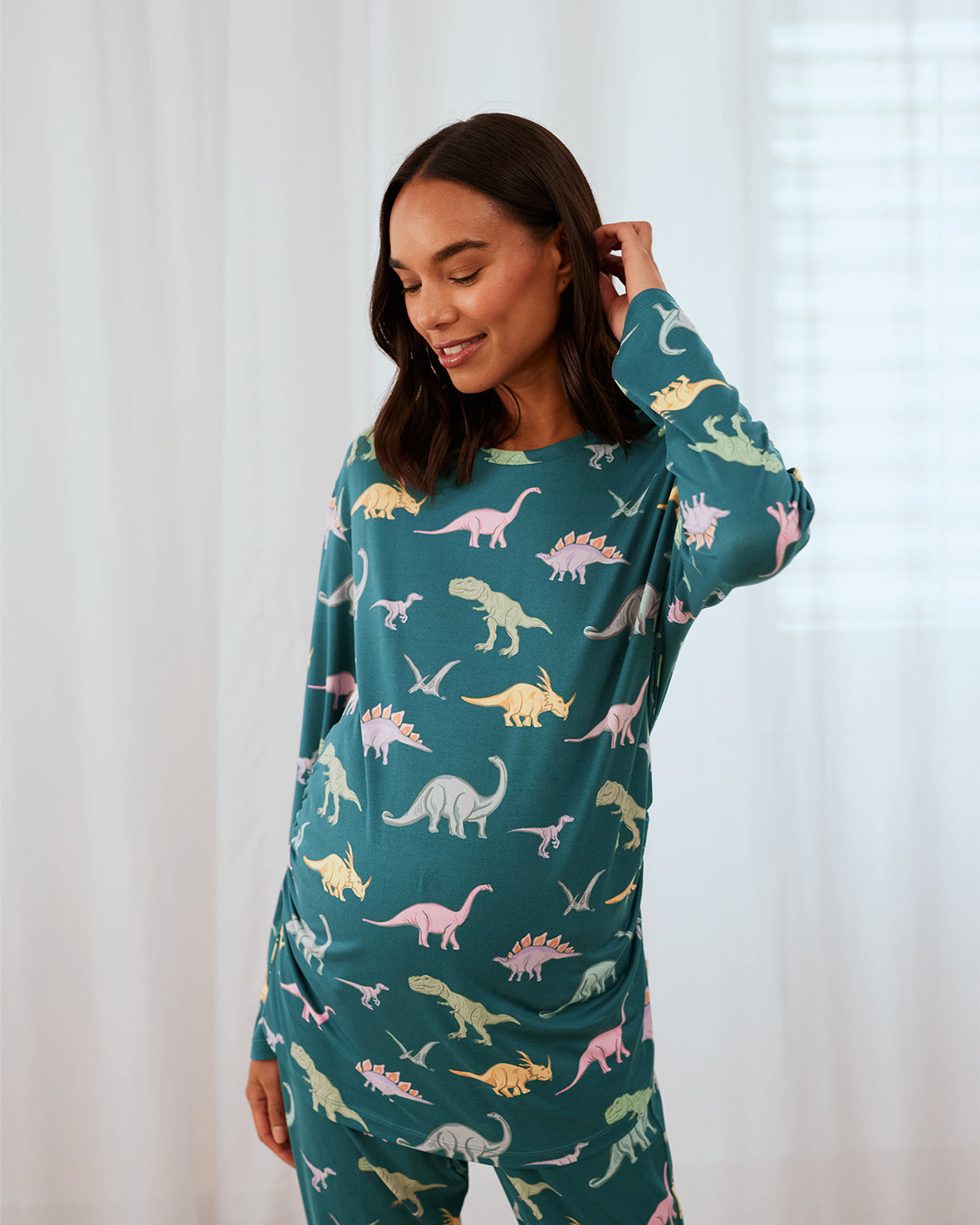 Maternity Dinosaur Print Long Pyjama Set - Dark Teal