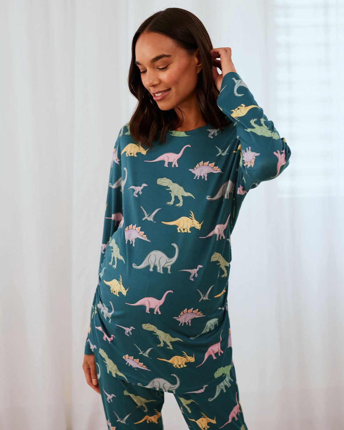 Maternity Dinosaur Print Long Pyjama Set - Dark Teal