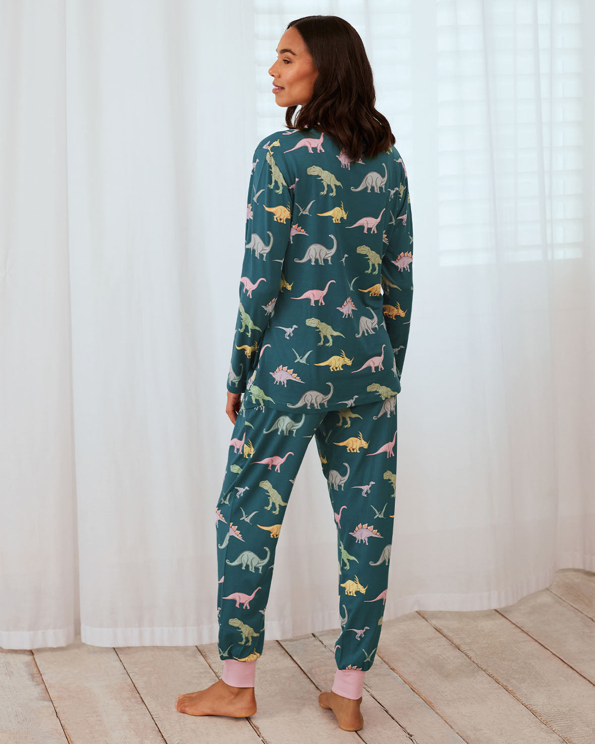 Maternity Dinosaur Print Long Pyjama Set - Dark Teal