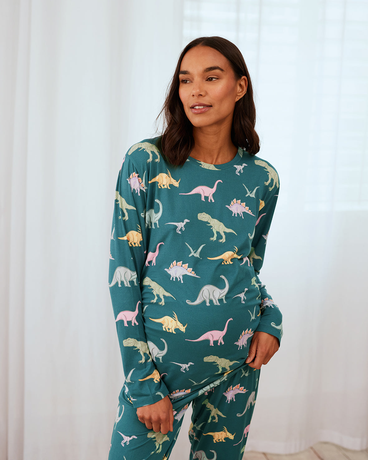 Maternity Dinosaur Print Long Pyjama Set - Dark Teal