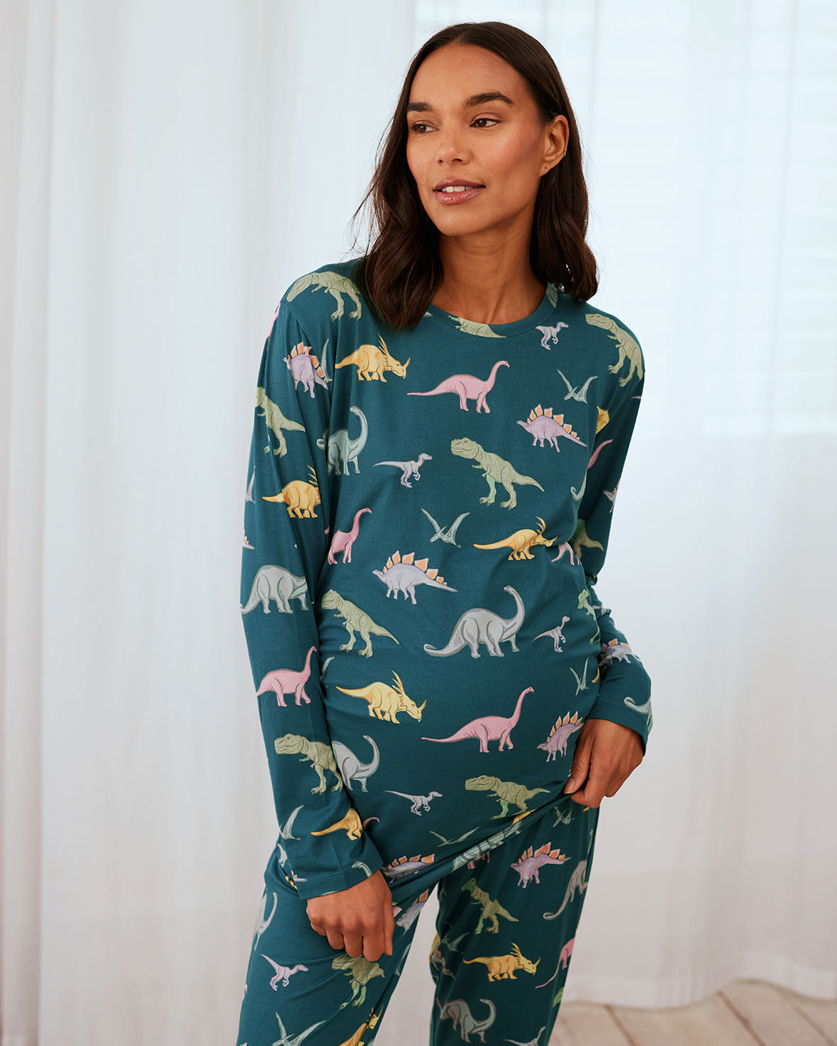 Maternity Dinosaur Print Long Pyjama Set - Dark Teal