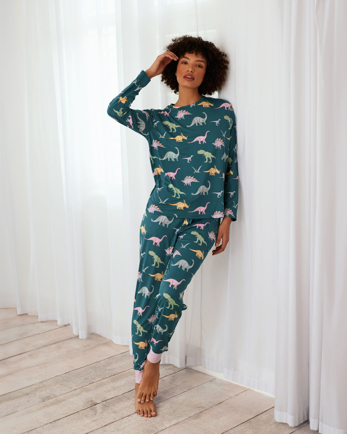 Dinosaur Print Long Pyjama Set - Dark Teal