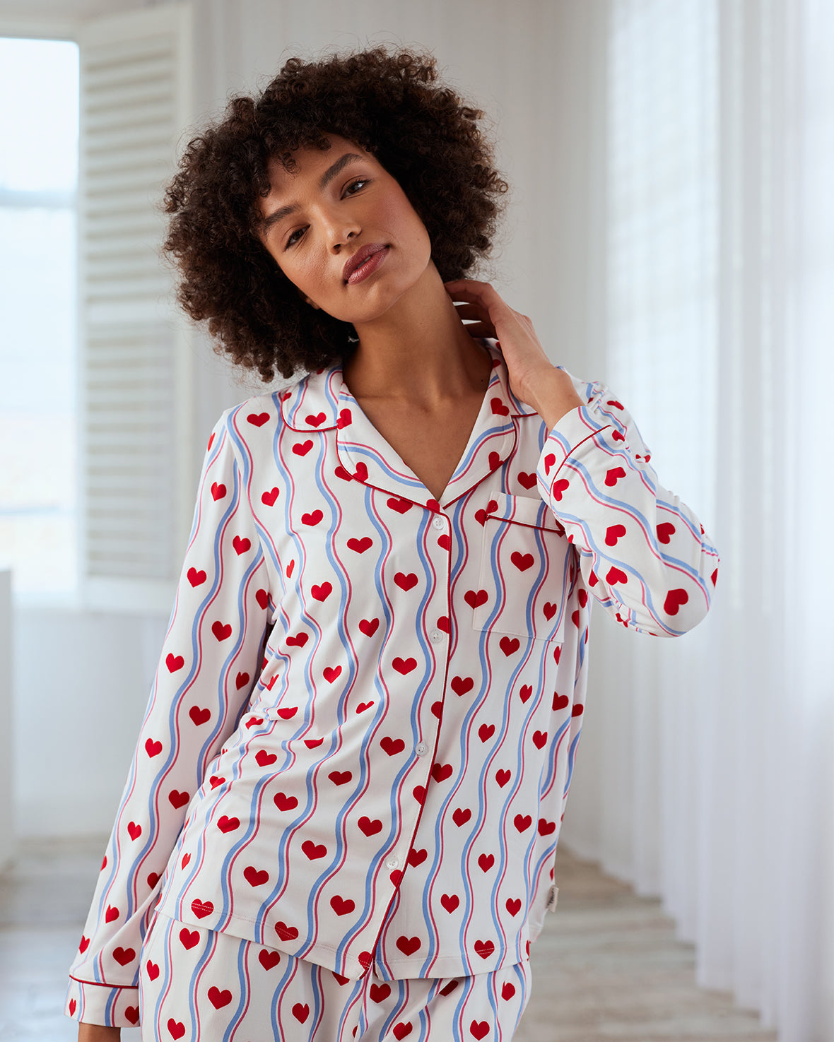 Wavy Stripe Heart Print Long Pyjama Set