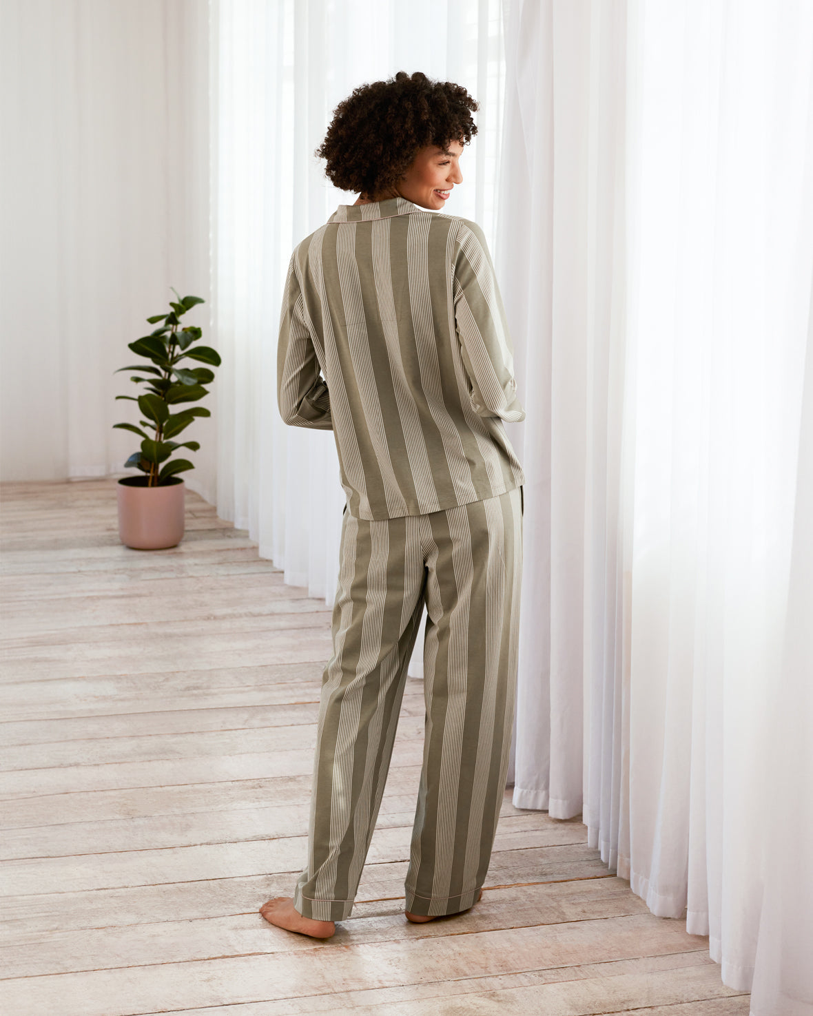 Organic Cotton Stripe Button Up Pyjama Set - Khaki