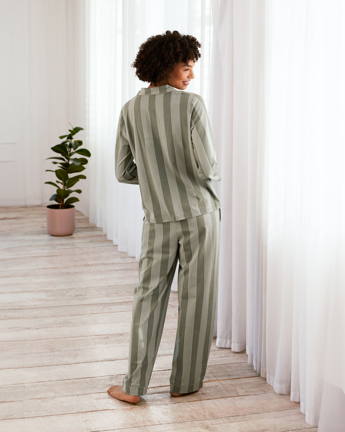 Organic Cotton Stripe Button Up Pyjama Set - Khaki