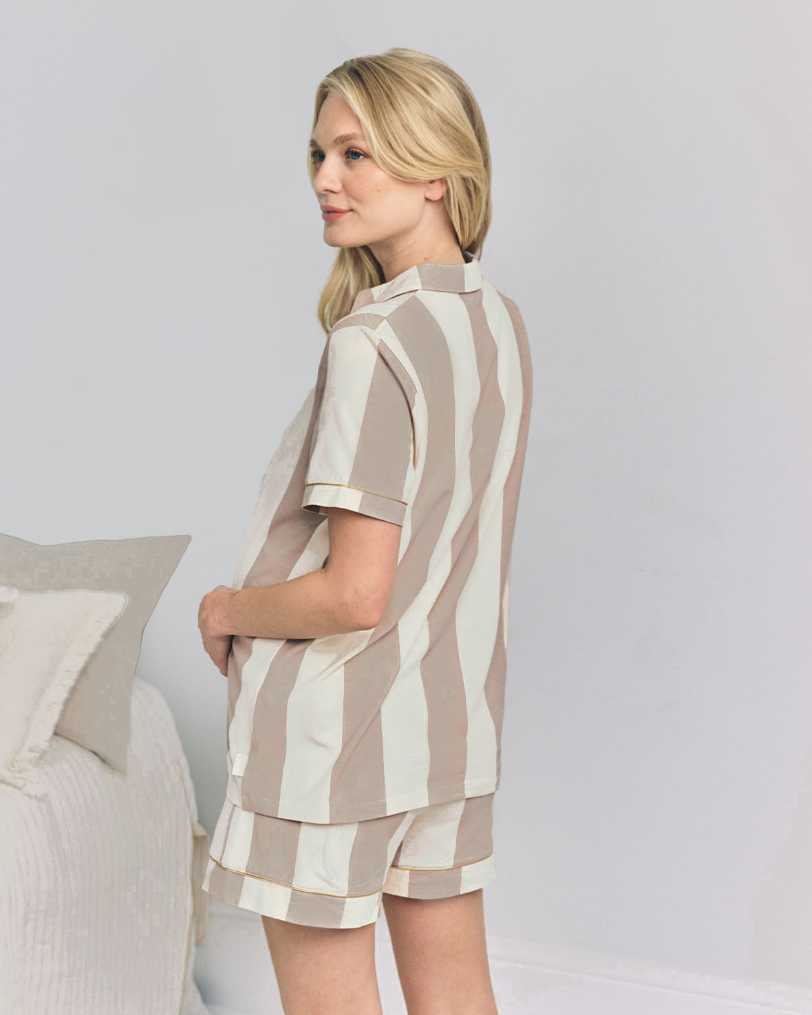 Maternity Organic Cotton Stripe Short Pyjama Set - Taupe