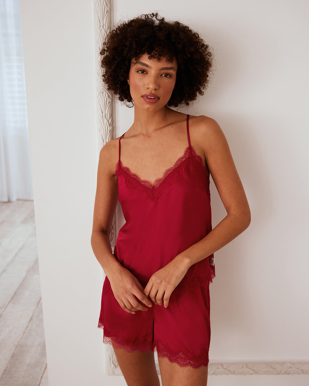 Satin Lace Trim Cami Short Pyjama Set - Red