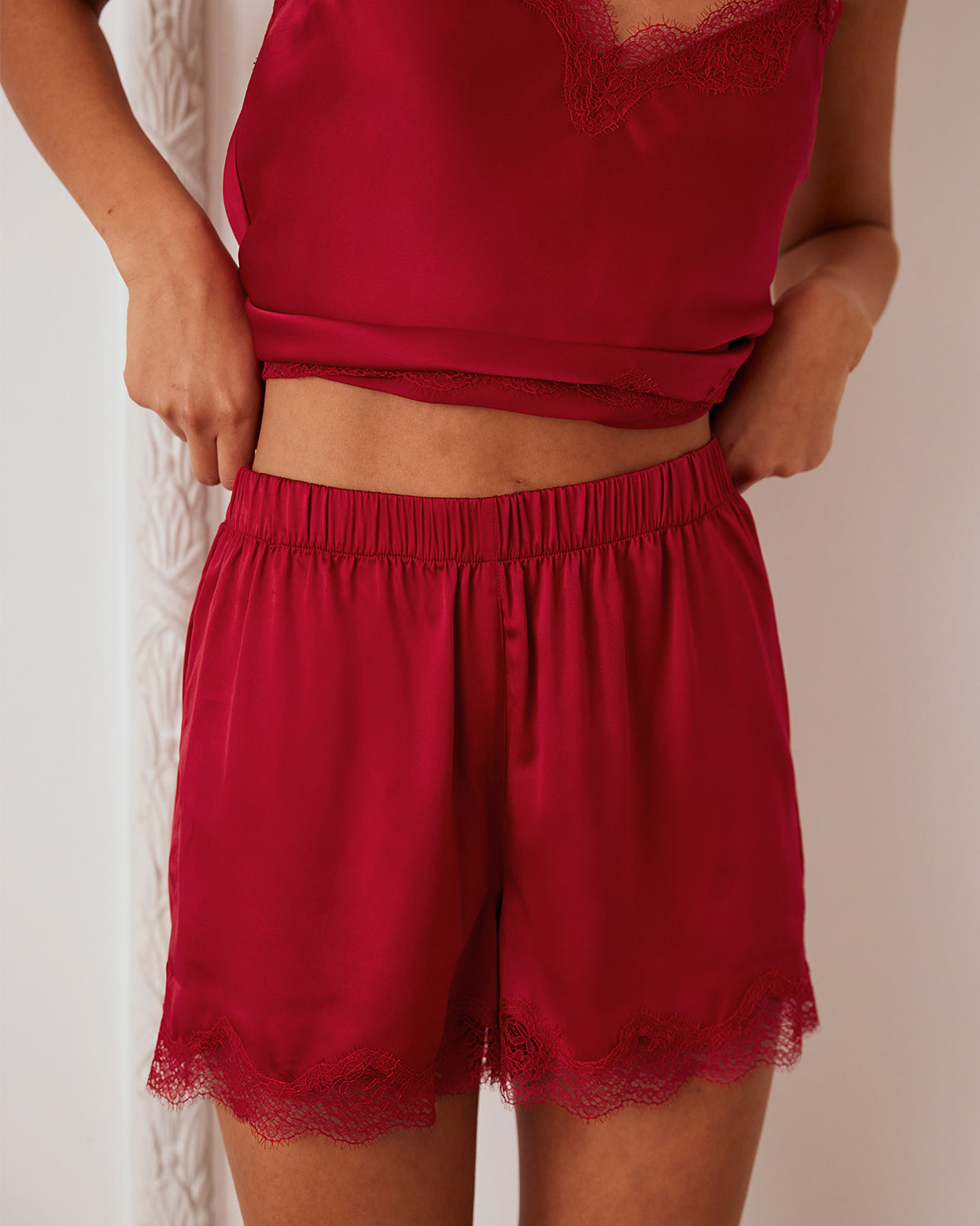 Satin Lace Trim Cami Short Pyjama Set - Red