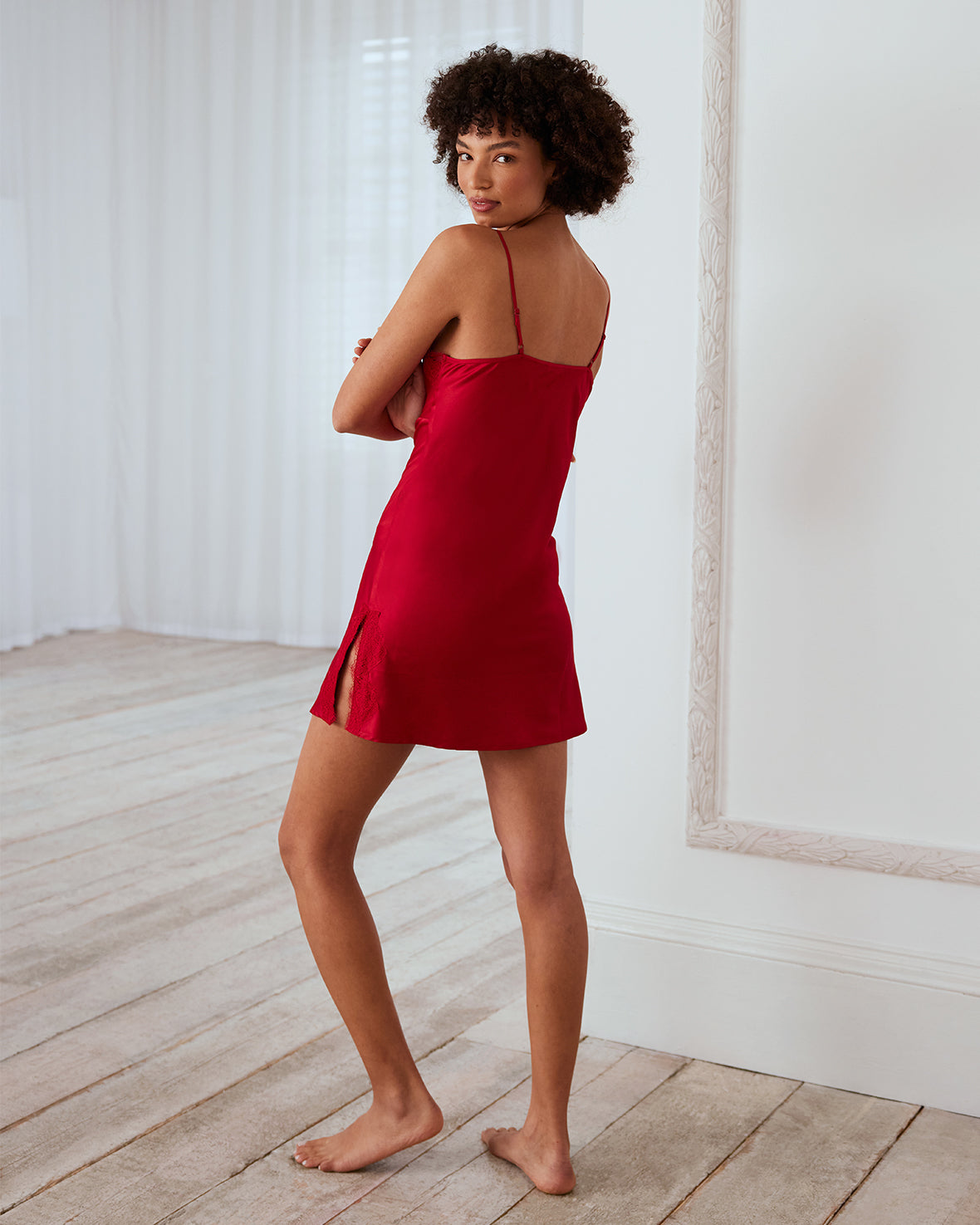 Satin Lace Trim Slip Nightdress - Red