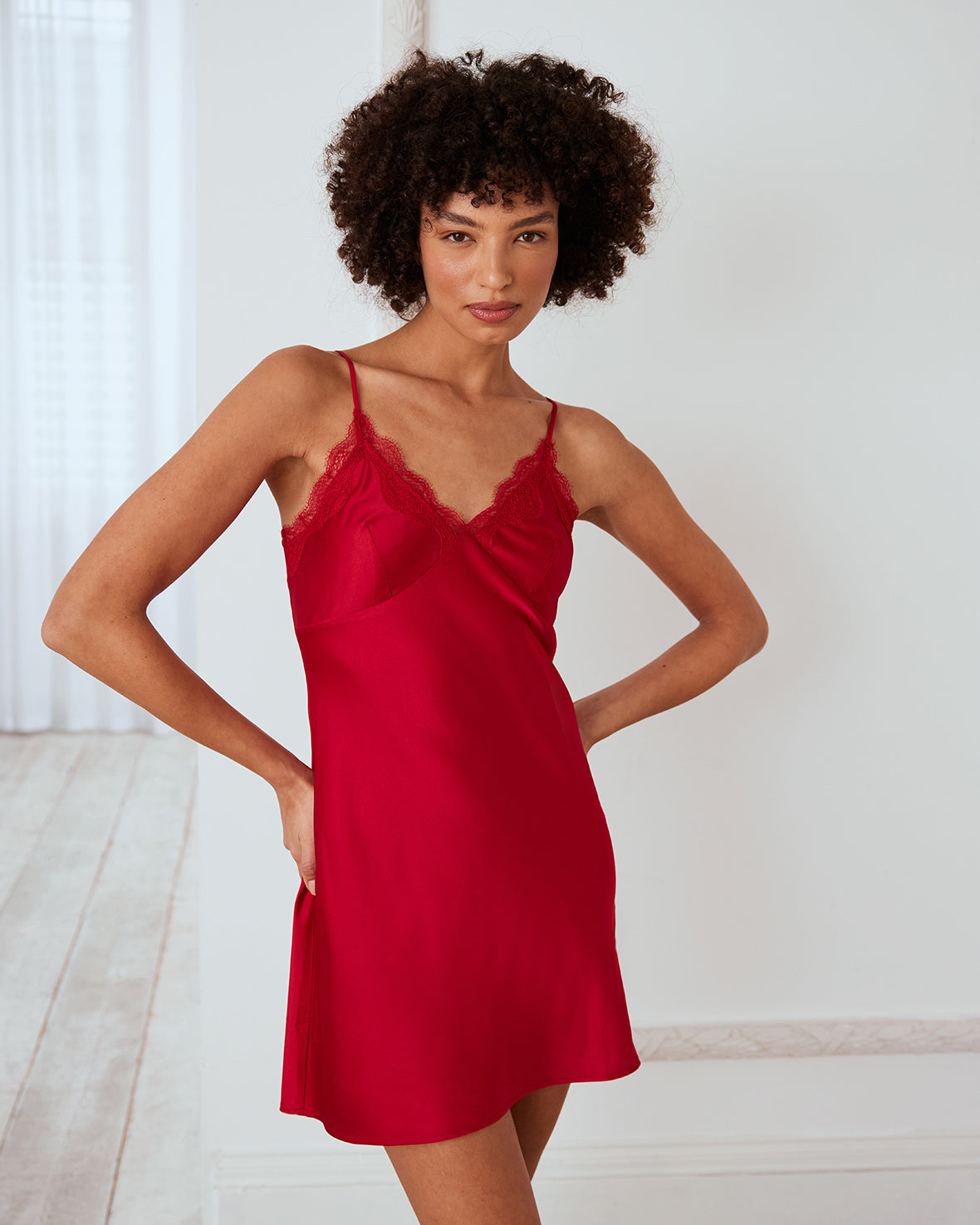 Satin Lace Trim Slip Nightdress - Red