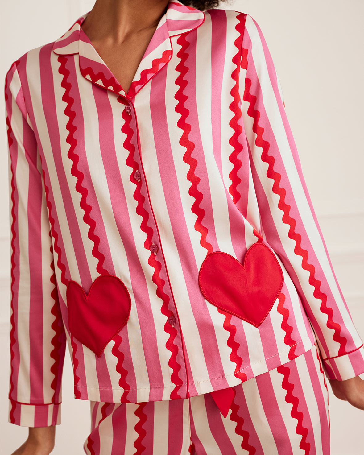 Satin Heart Pocket Striped Long Pyjama Set