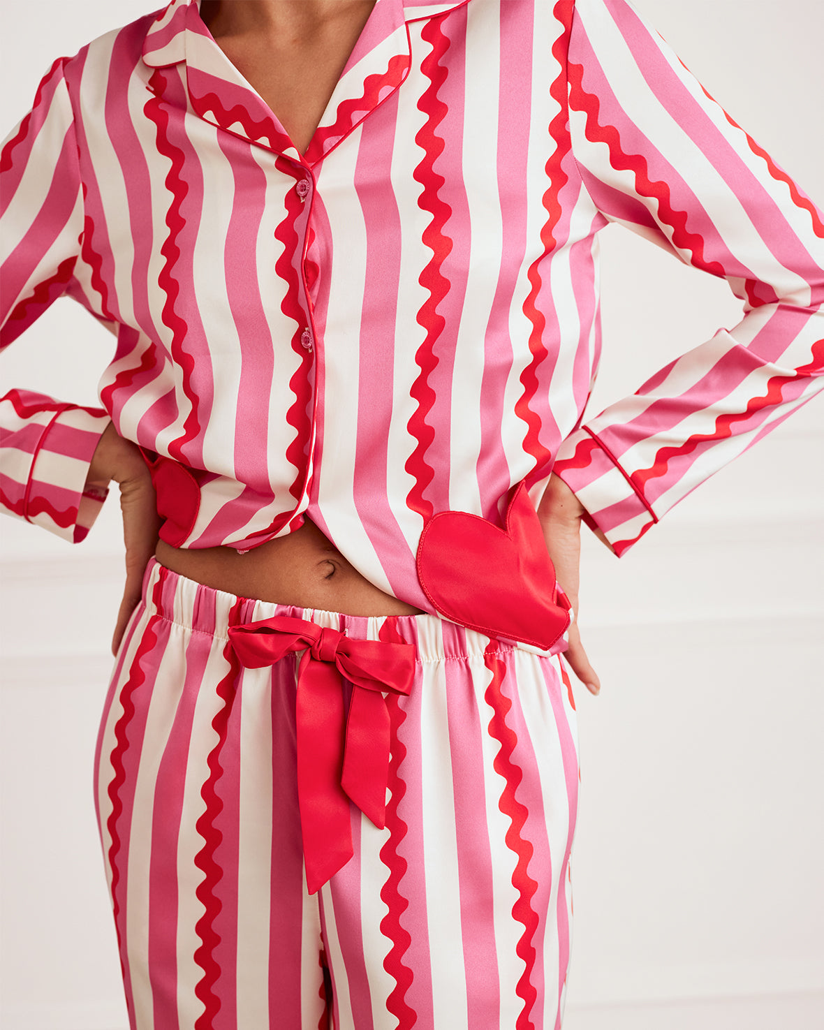 Satin Heart Pocket Striped Long Pyjama Set