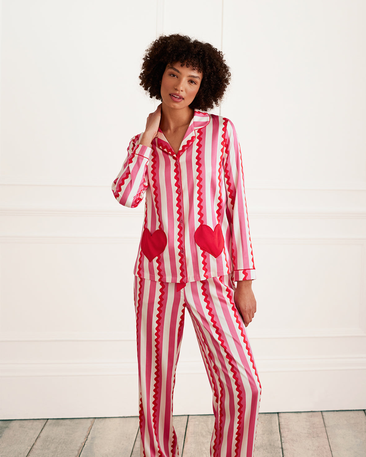 Satin Heart Pocket Striped Long Pyjama Set