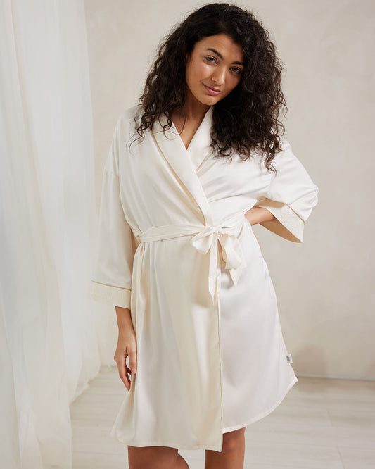 Satin Lace Trim Robe Dressing Gown - Ivory UK 28 / Ivory Satin Lace Trim Robe Dressing Gown - Ivory UK 28 / Ivory