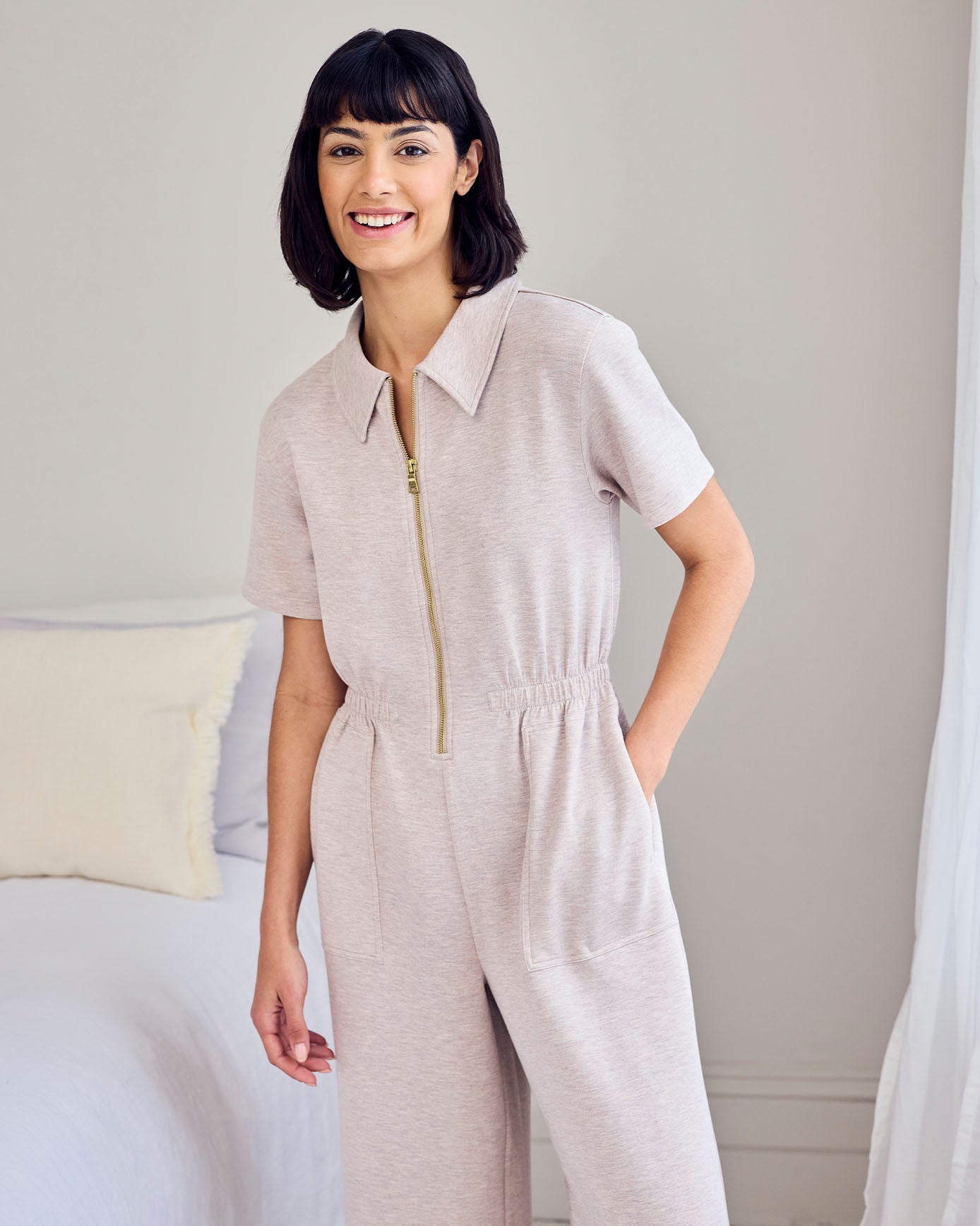 LuxeComfort Scuba Short Sleeve Jumpsuit - Camel