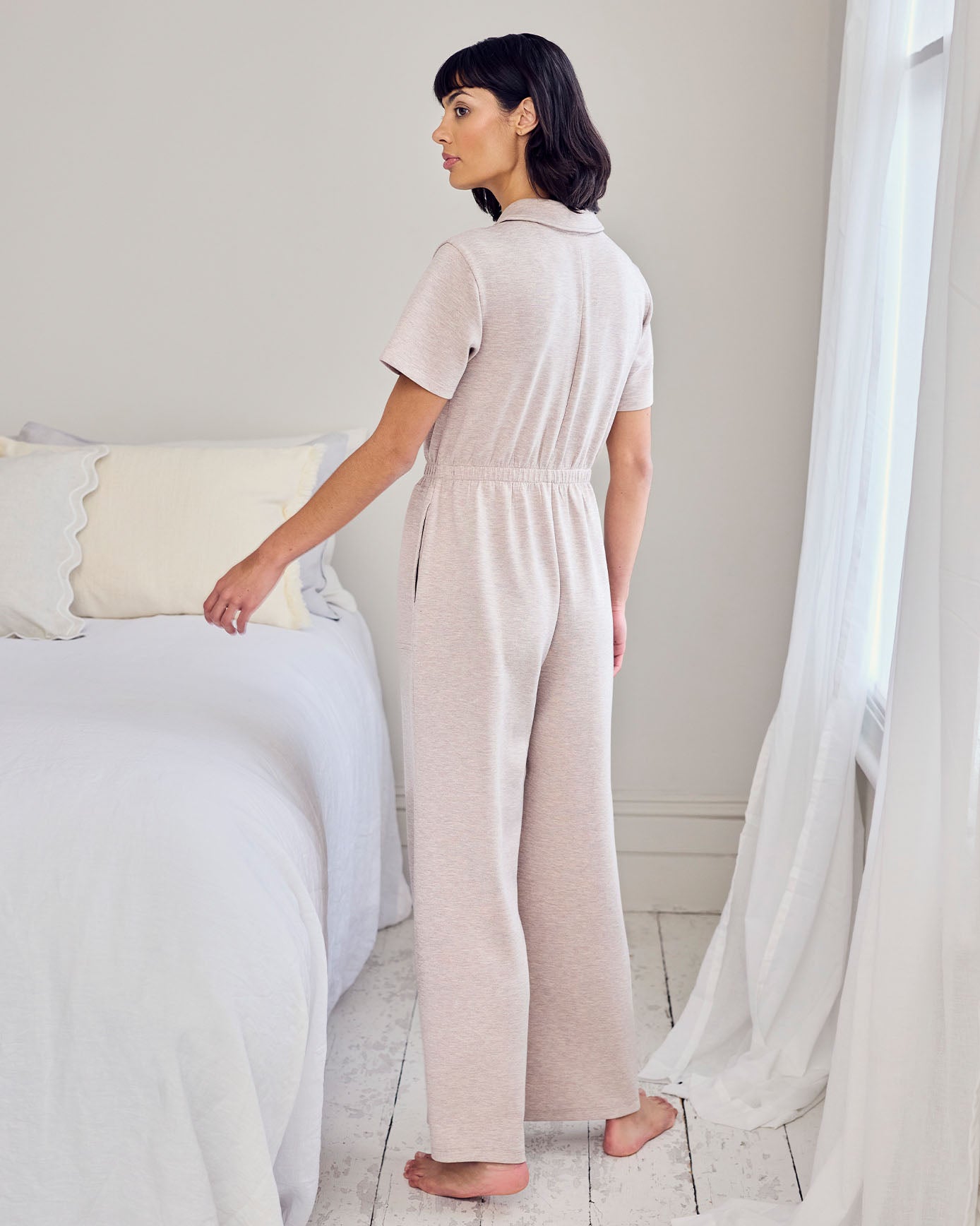 LuxeComfort Scuba Short Sleeve Jumpsuit - Camel