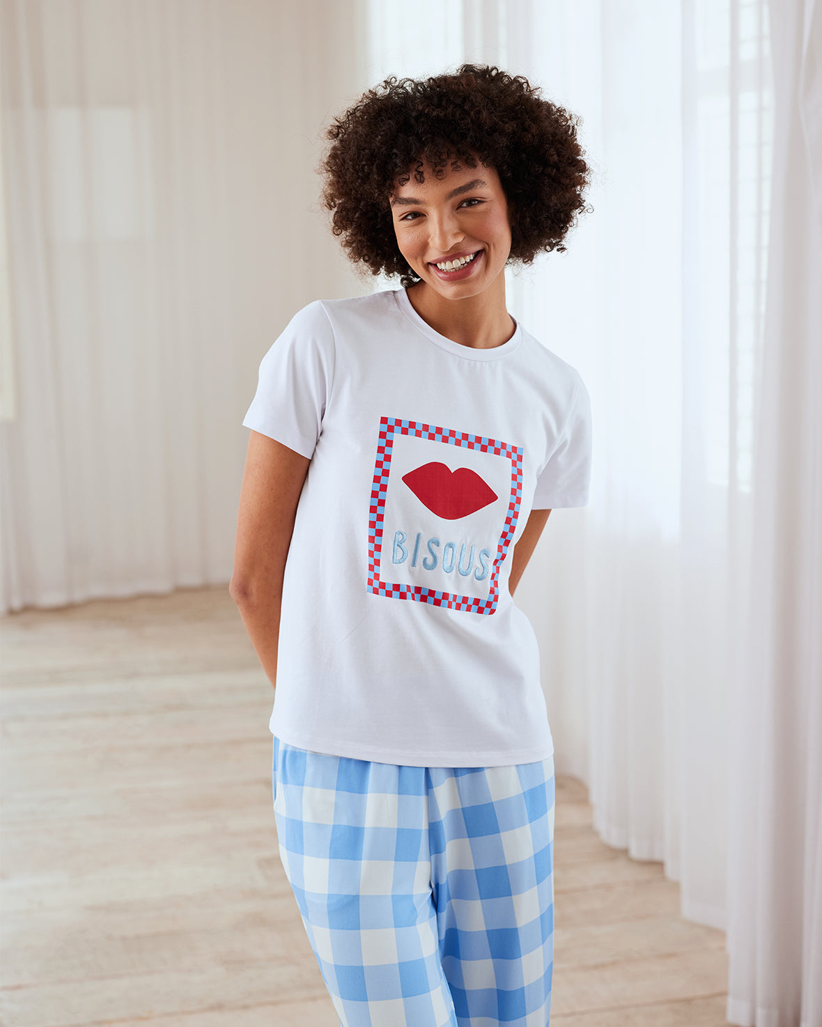 Kiss Print Gingham Long Pyjama Set