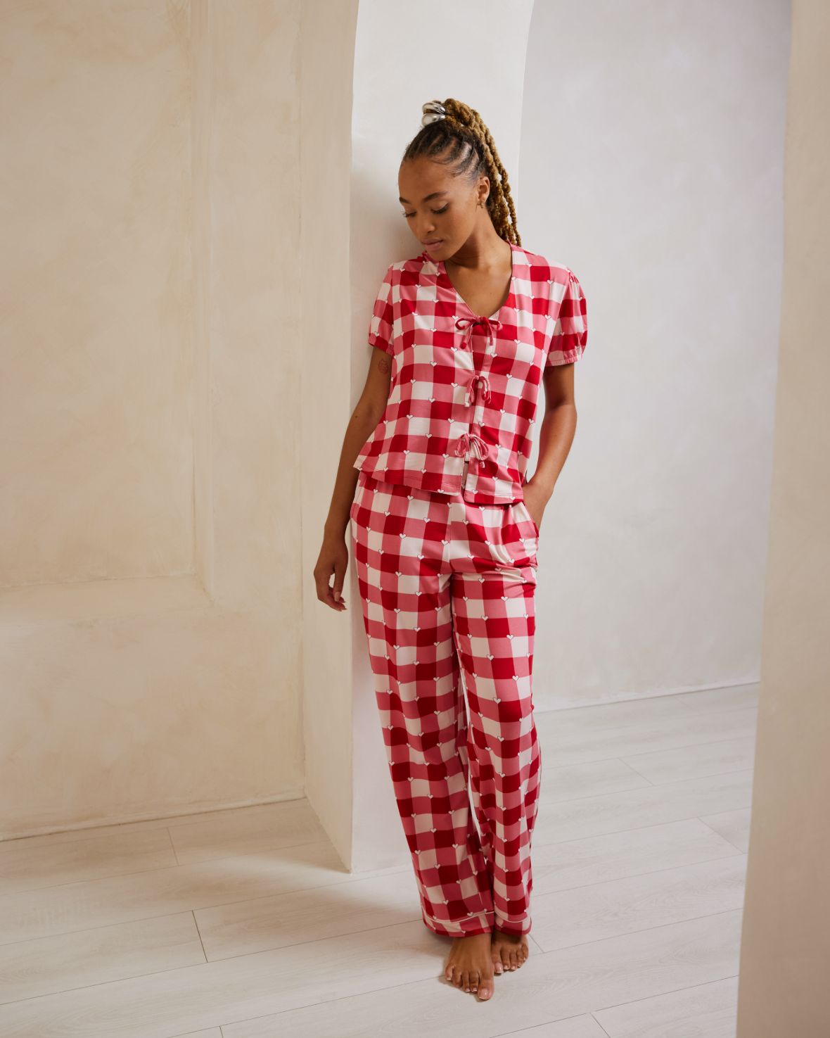 Gingham Heart Print Long Pyjama Set