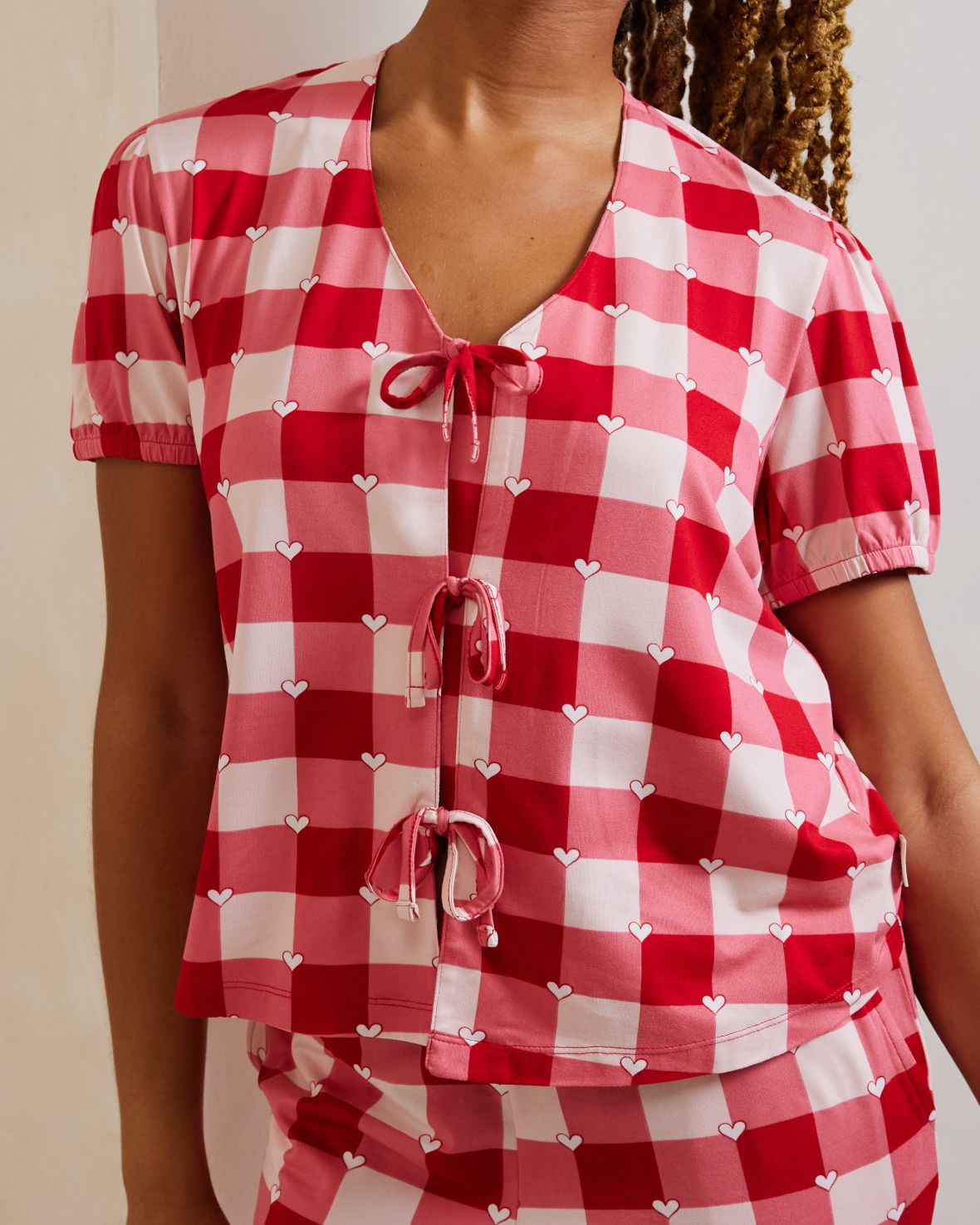 Gingham Heart Print Long Pyjama Set