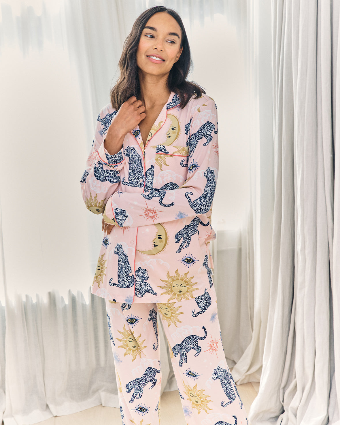 Maternity Celestial Leopard Print Button Up Long Pyjama Set