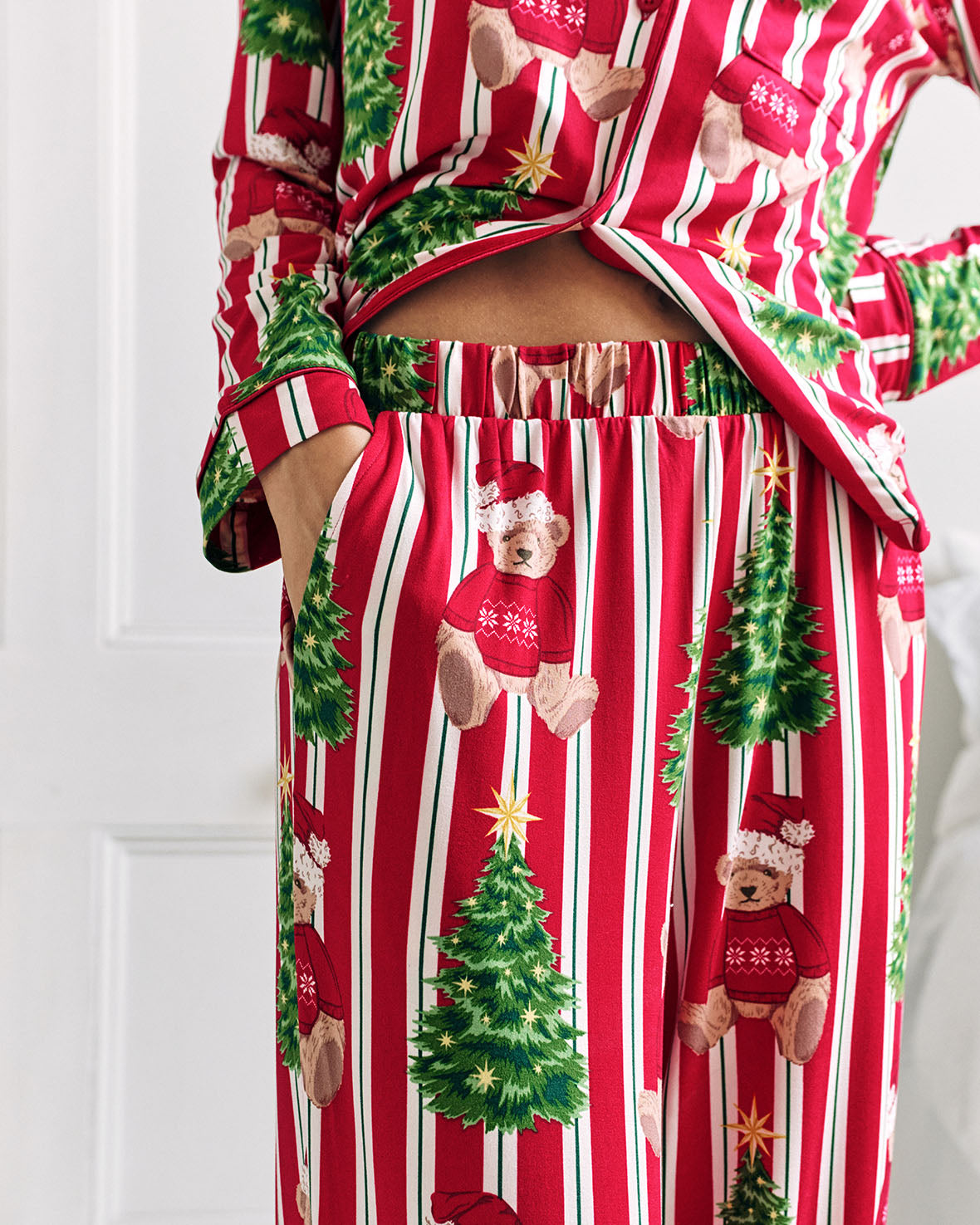 Christmas Teddy Bear Stripe Print Long Pyjama Set