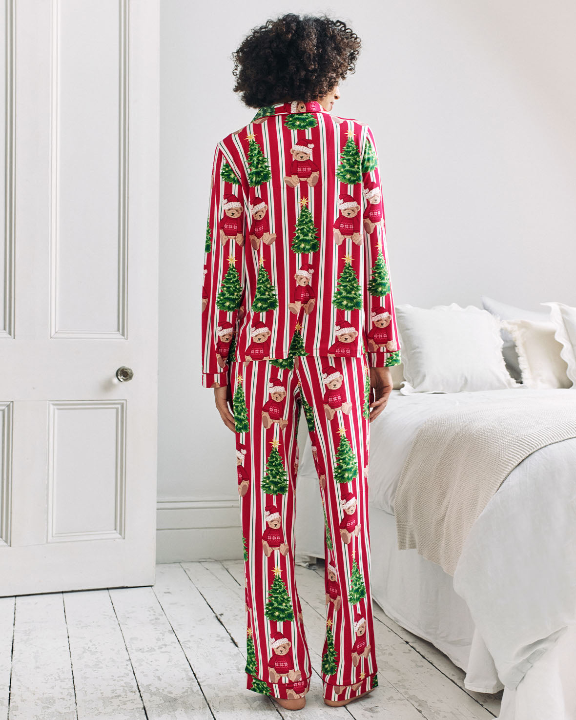 Christmas Teddy Bear Stripe Print Long Pyjama Set