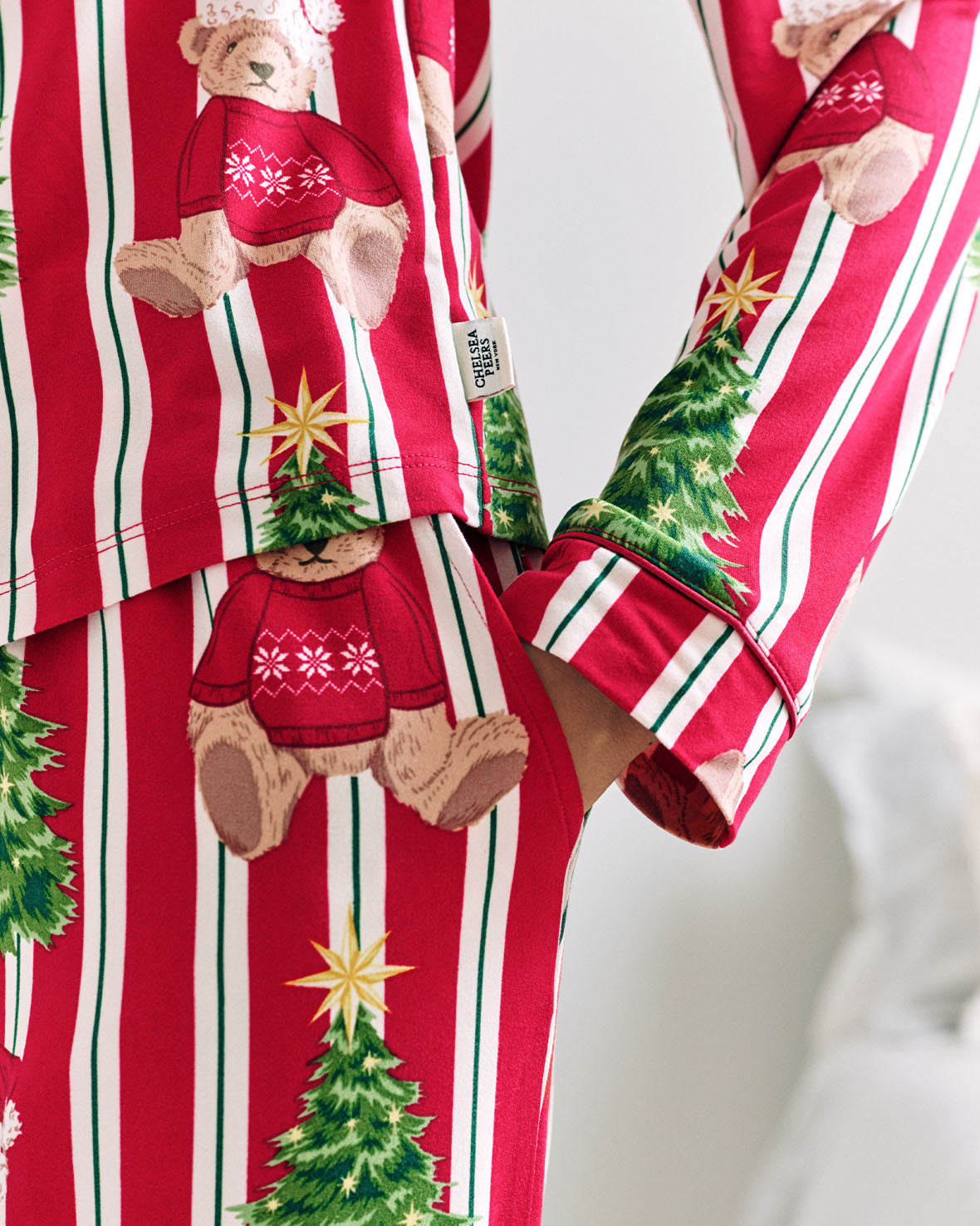 Christmas Teddy Bear Stripe Print Long Pyjama Set