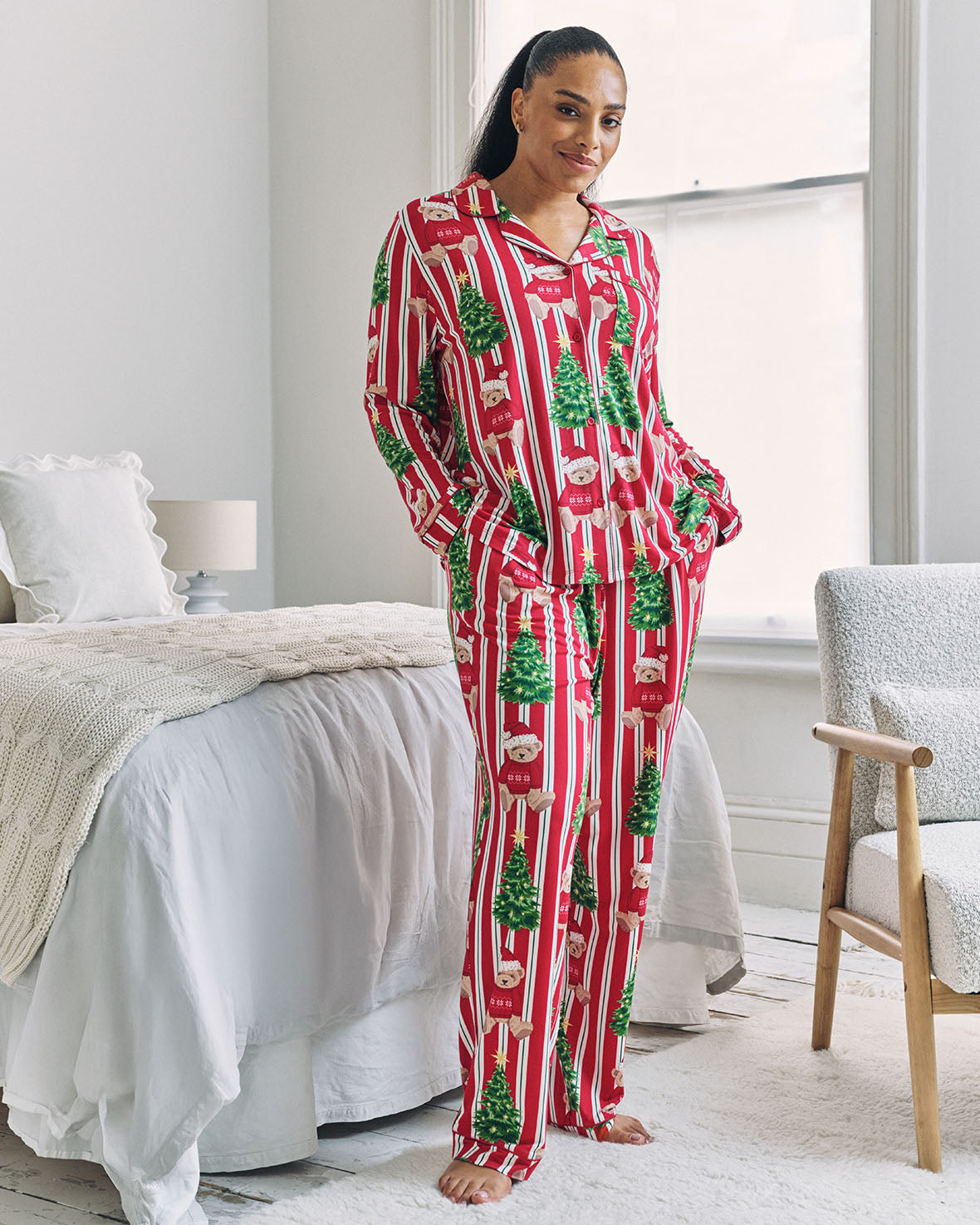 Christmas Teddy Bear Stripe Print Long Pyjama Set