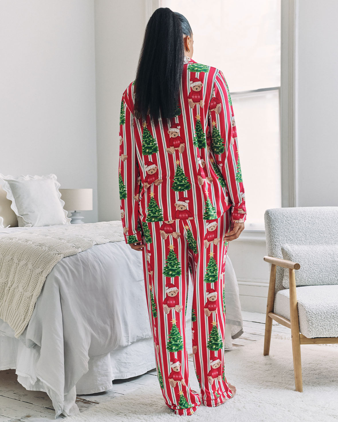 Christmas Teddy Bear Stripe Print Long Pyjama Set