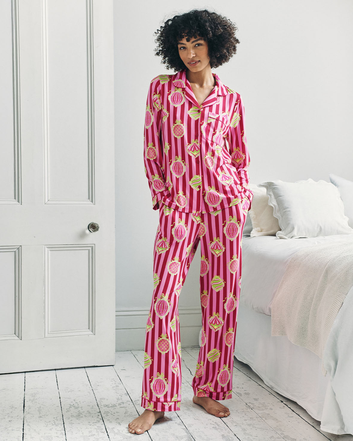 Christmas Baubles Stripe Print Long Pyjama Set