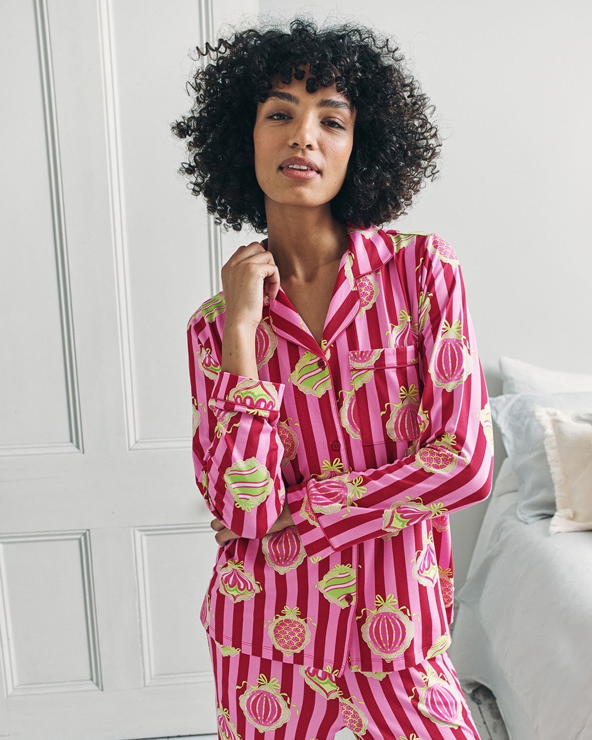 Christmas Baubles Stripe Print Long Pyjama Set